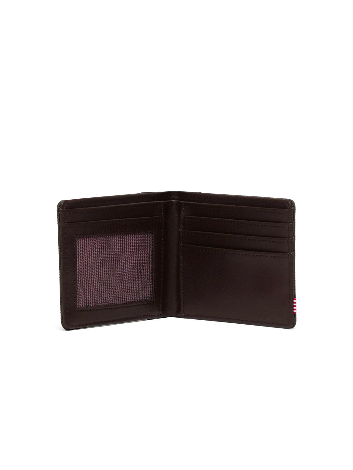 The Herschel Hank Wallet, an open black bi-fold made of synthetic leather, stands upright against a white background with multiple card slots on the right and a transparent ID window on the left.