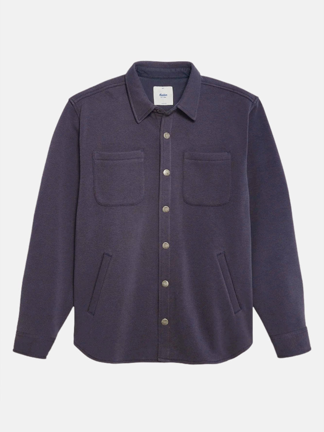 The Katin Harold Fleece Jacket in dark gray features a poly-cotton blend, classic collar, long sleeves, two chest pockets, and visible stitching. Snap closures ensure easy wear. Its showcased elegantly against a plain white background.