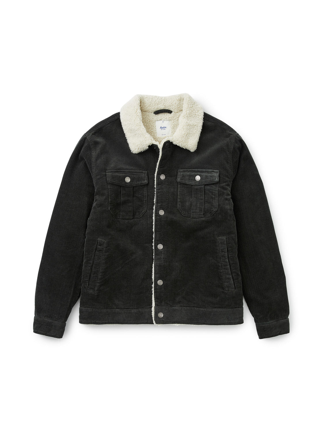 The Katin Harris Corduroy Jacket is a black button-up with a white sherpa collar, two chest flap pockets, two side pockets, and a soft sherpa lining, shown here against a white background.