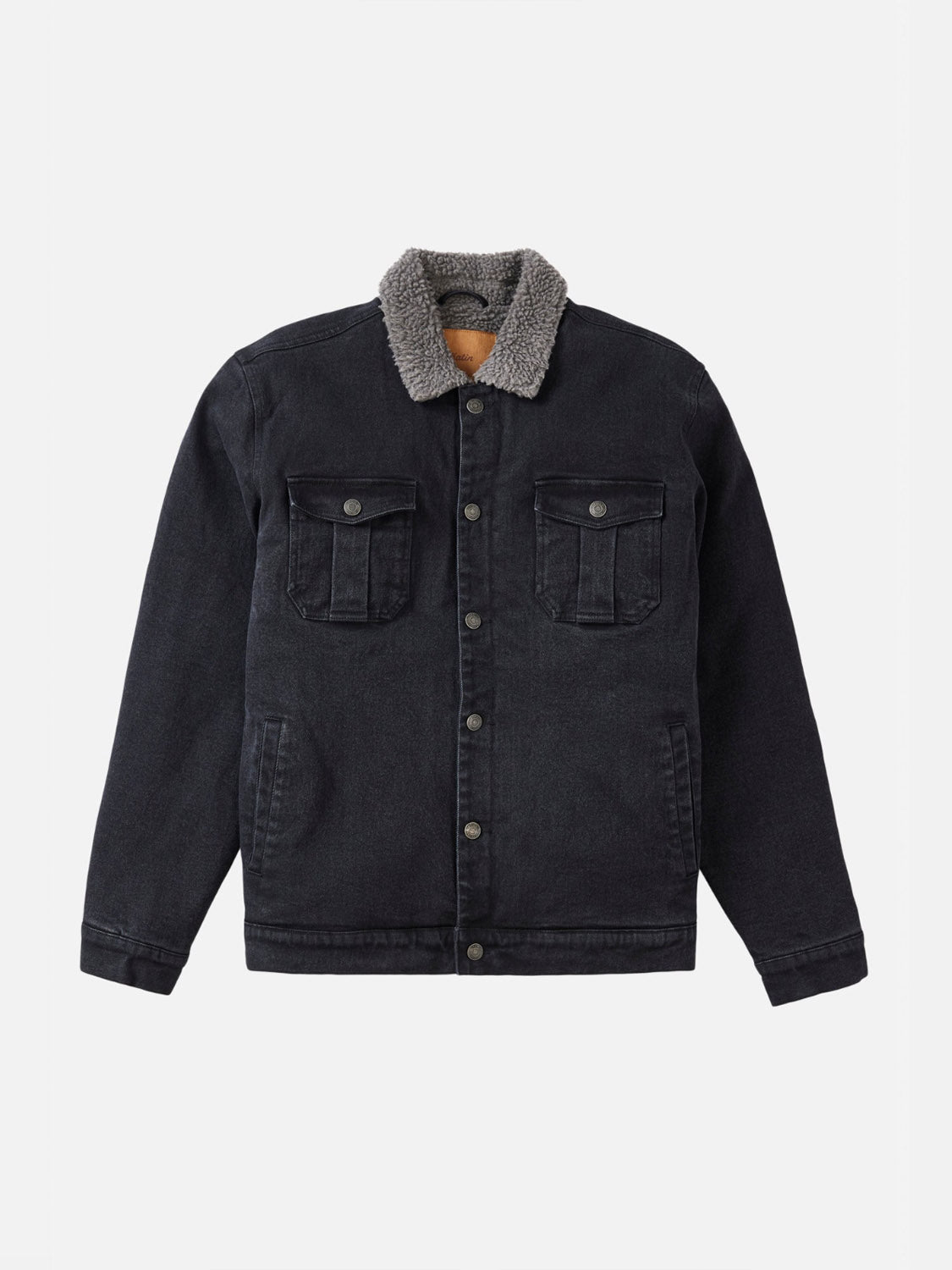 The Katin Harris Denim Jacket features a black denim design with a button front, flap chest pockets, two side pockets, and a cozy gray sherpa collar, shown against a plain white background.