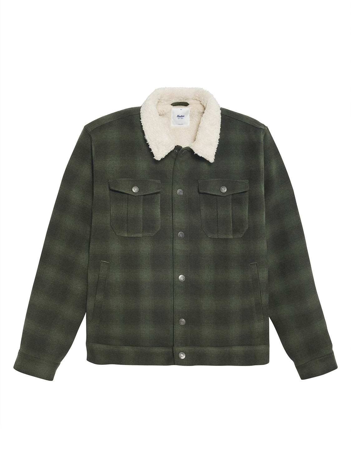 The Katin Harris Plaid Jacket by Katin boasts a green wool plaid, fluffy white collar, sherpa liner, button-front closure, and two chest pockets with button flaps. Displayed on a white background, it effortlessly combines warmth and style.