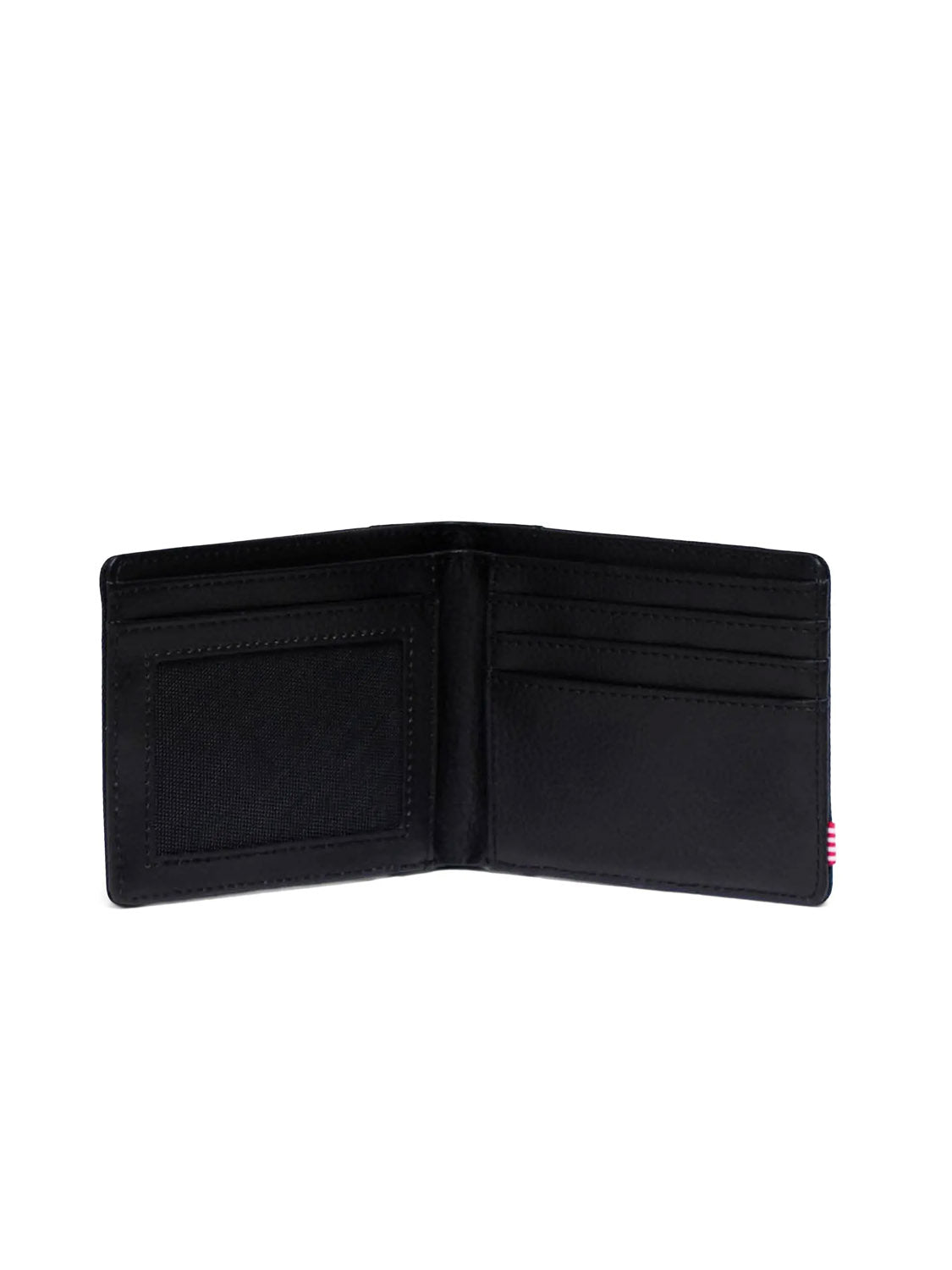 The Herschel Hank Wallet, shown open in black, features RFID blocking technology, multiple right-side card slots, a transparent left ID slot, and a leather-like interior.