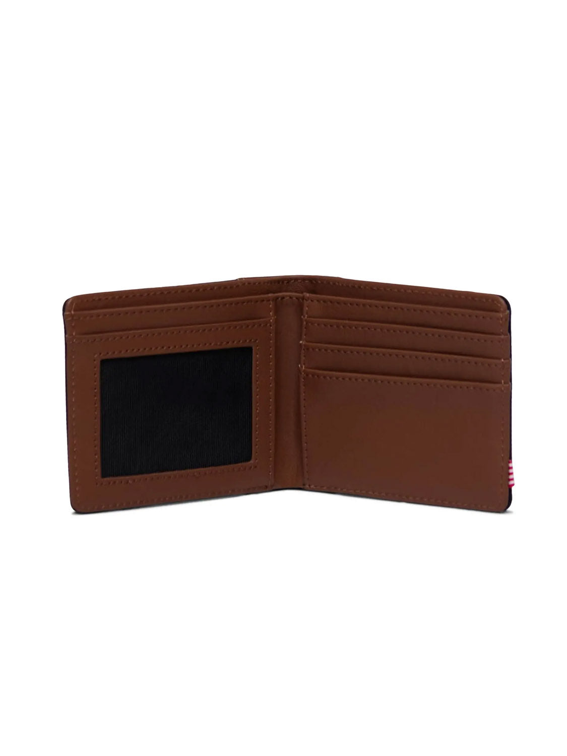 The Herschel Hank Wallet, a brown leather bi-fold, is open to reveal multiple card slots, a left-side transparent ID slot, and RFID blocking. The empty wallet is displayed against a white background.