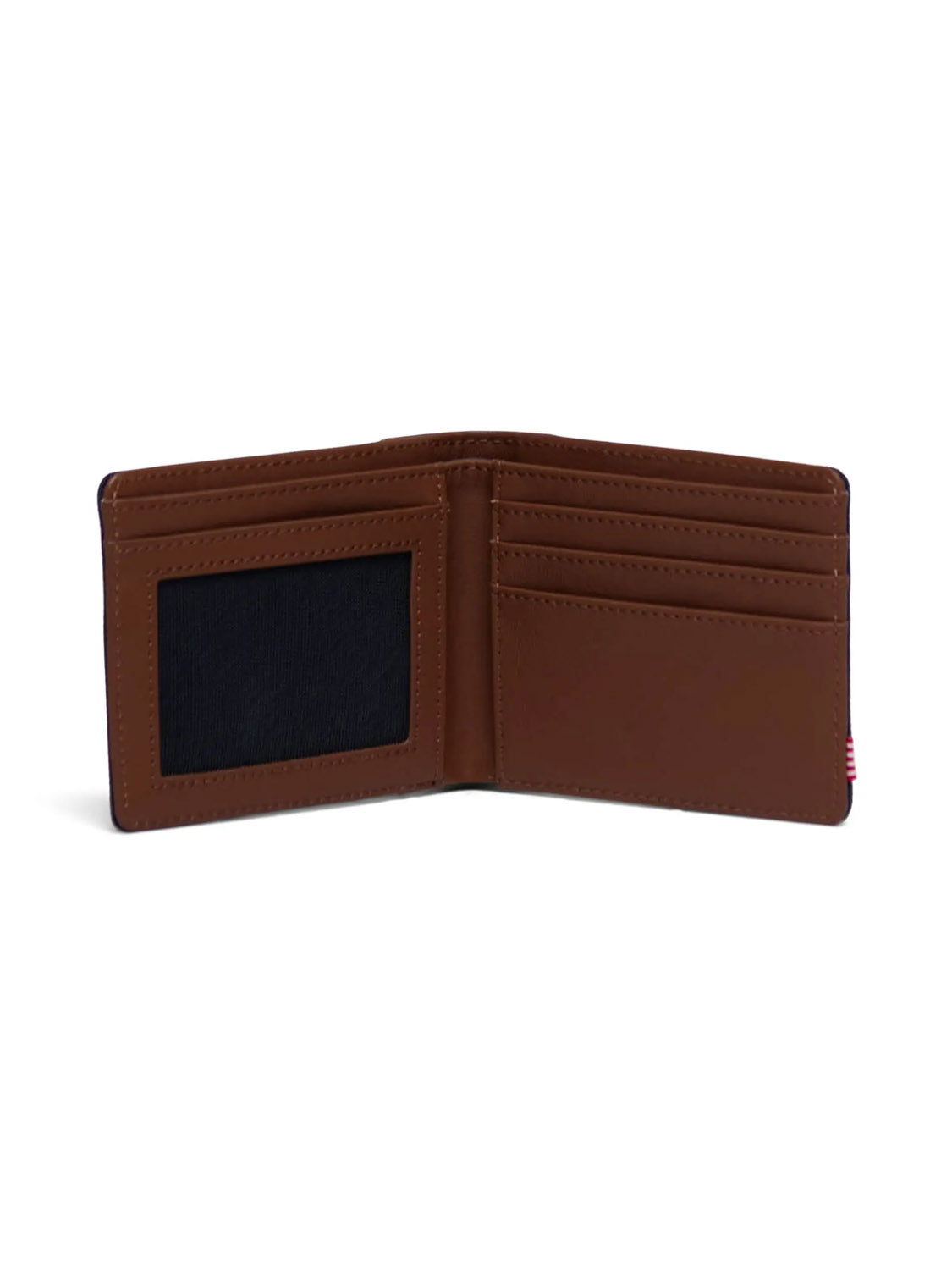The Herschel Hank Wallet, a brown leather RFID-blocking bifold, is open against a white background, revealing multiple card slots on the right and a clear ID window on the left.