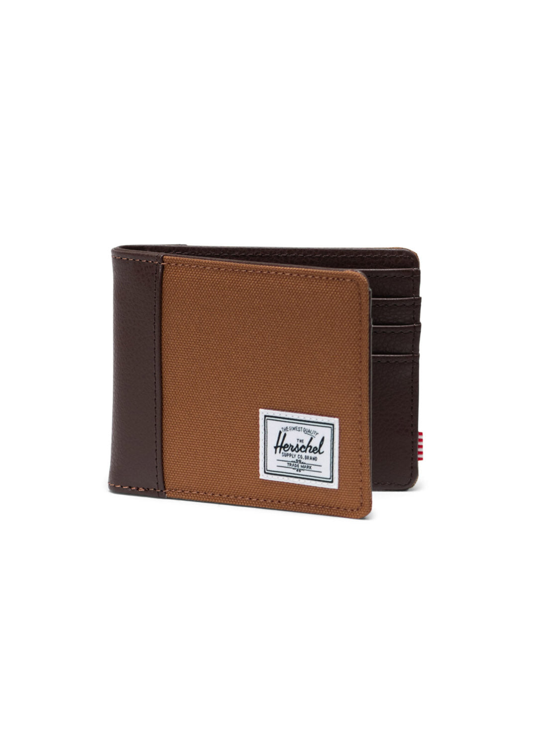 The Herschel Hank Wallet, in brown and dark brown, is shown open against a white background, displaying multiple card slots and a front white rectangular Herschel label.