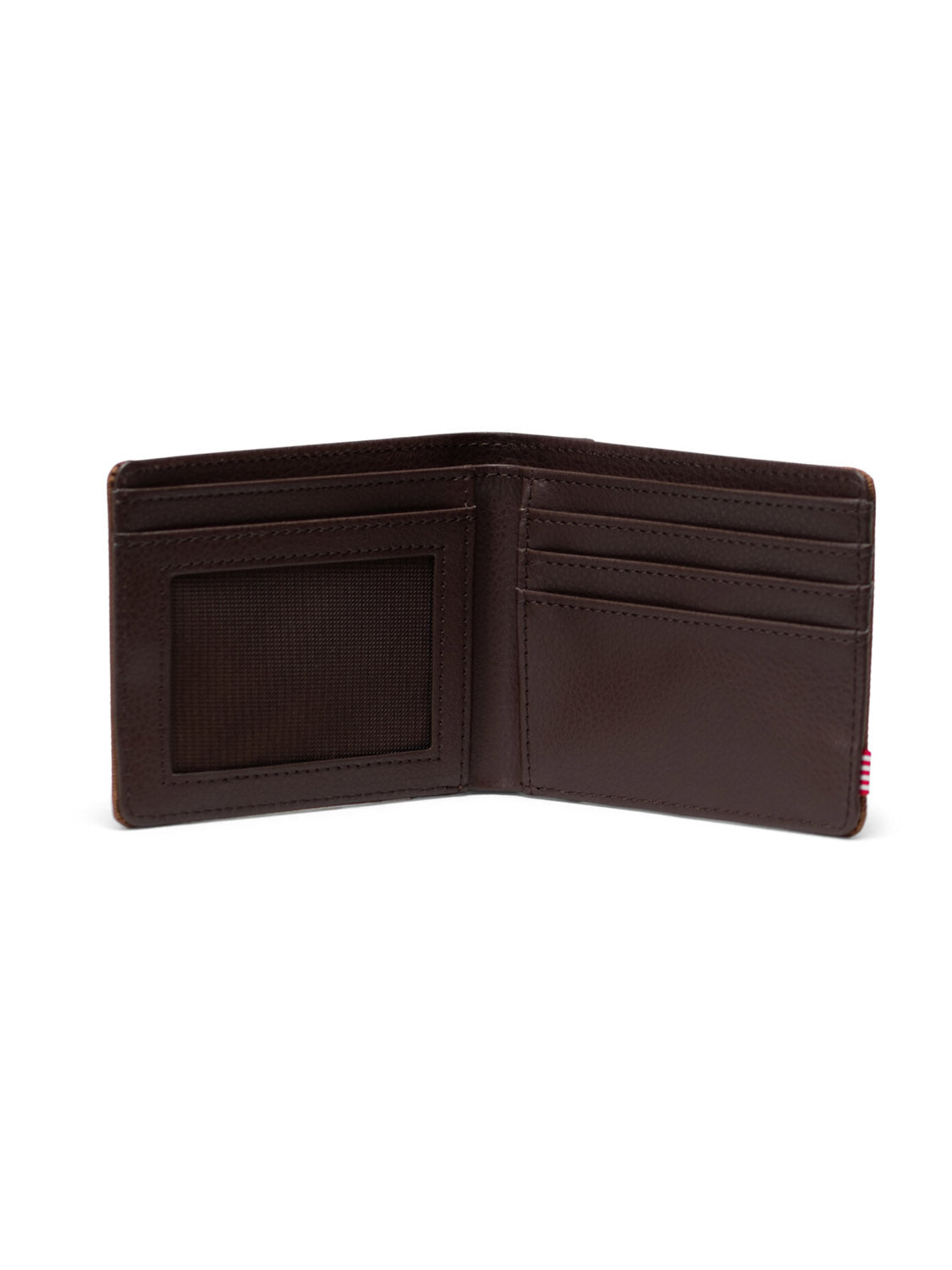 The Herschel Hank Wallet is an open dark brown leather bi-fold with an ID window on the left and multiple card slots on the right, displayed against a plain white background.