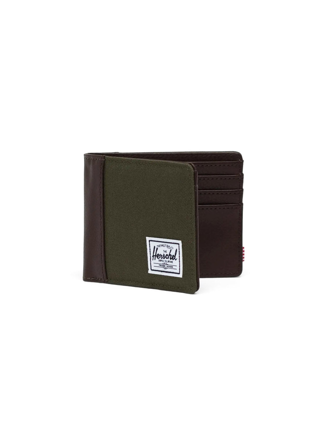 The Herschel Hank Wallet is a green and brown bi-fold wallet with multiple card slots and RFID blocking, featuring a white rectangular Herschel label on the front. It stands upright against a white background.