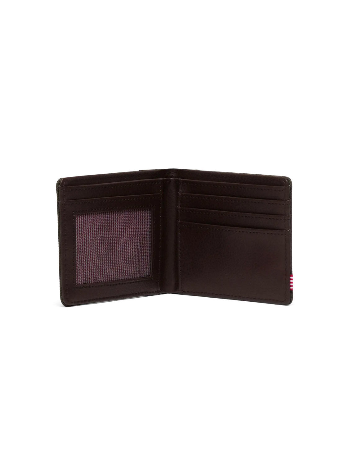 The Herschel Hank Wallet, a dark brown leather bi-fold, is shown open against a white background with card slots on the right and a mesh ID window on the left.
