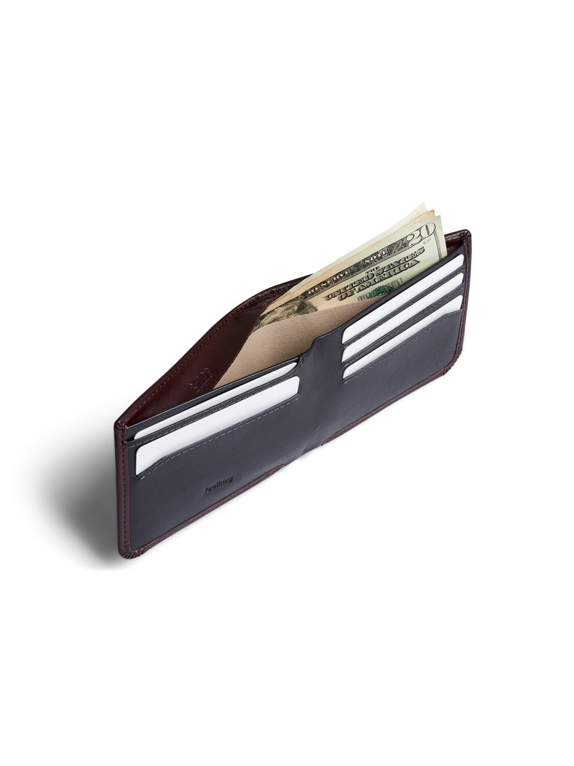 The Bellroy Hide and Seek Low Wallet, crafted from eco-tanned brown leather with RFID protection, displays several credit card slots and a compartment for US dollar bills, including twenties. It includes a hidden coin pouch and is angled against a plain white background.