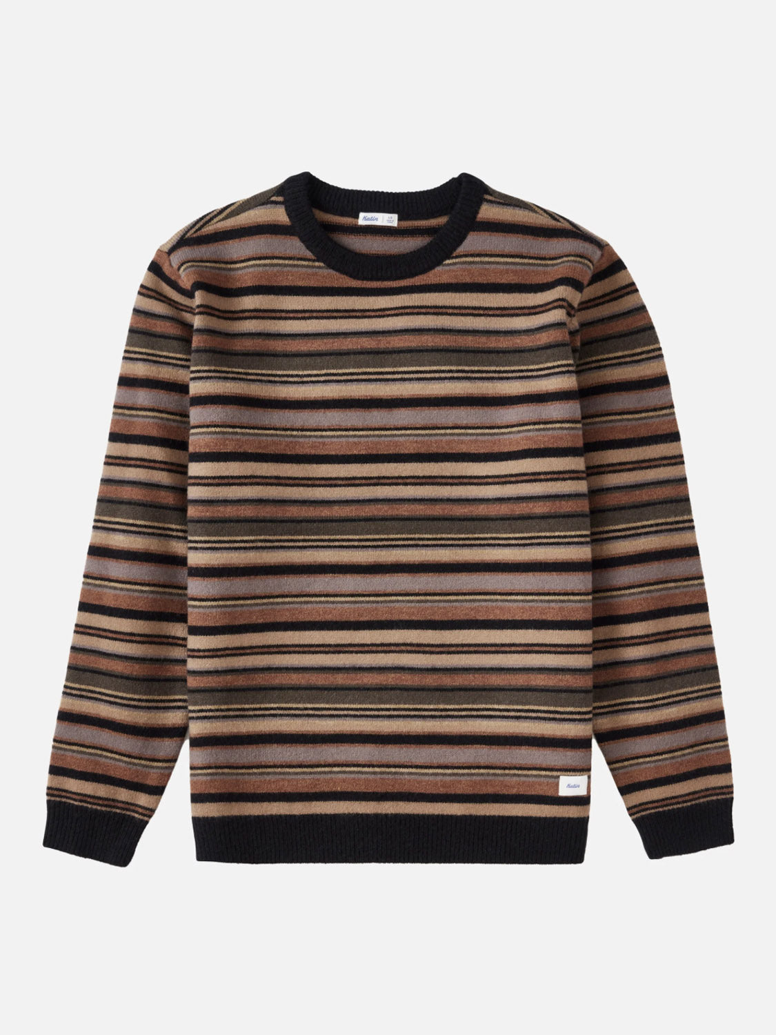 The Katin Hitch Sweater showcases a custom brown, beige, and black stripe pattern with solid black collar, cuffs, and hem. Crafted from ultra-soft blended yarn and displayed flat on a white background.