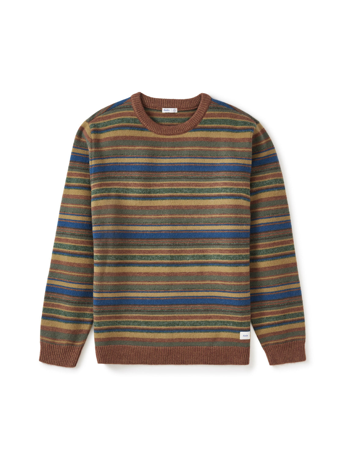 The Katin Hitch Sweater features a custom stripe pattern in brown, green, blue, and yellow, crafted from ultra-soft blended yarn with a brown ribbed collar, cuffs, hem, and a small white tag by the bottom hem.