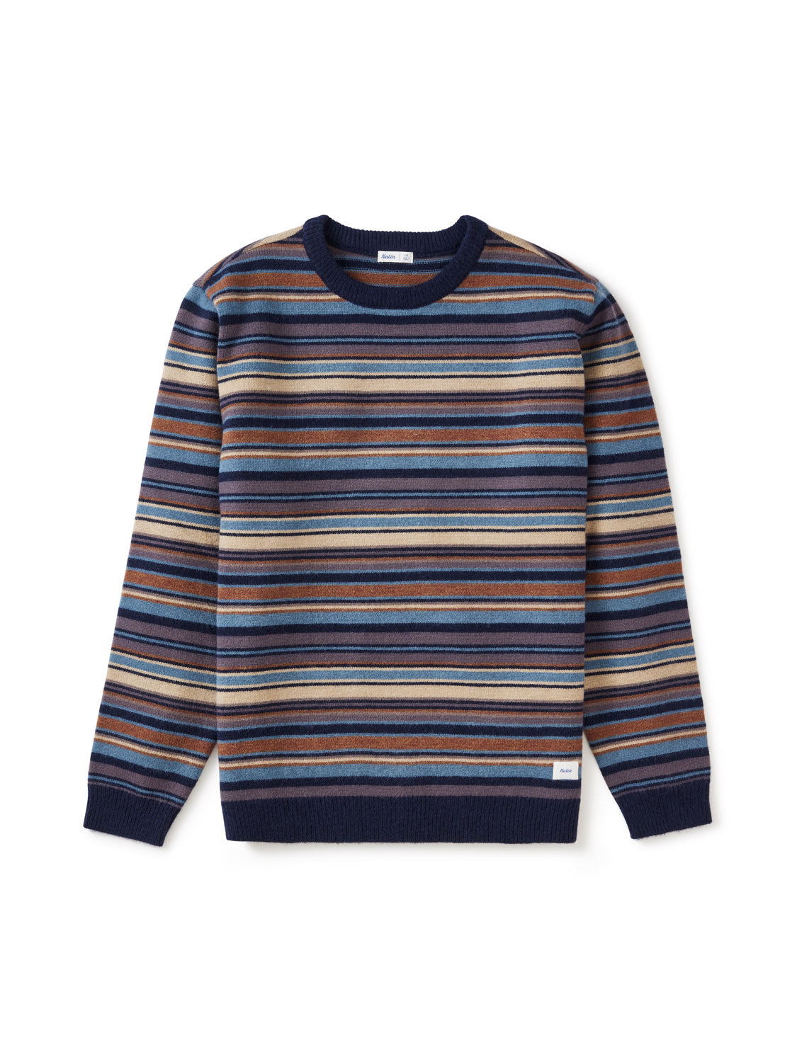 The Katin Hitch Sweater features a custom stripe pattern in blue, brown, tan, and navy, crafted from ultra-soft blended yarn with ribbed cuffs, hem, and collar, plus a small white label near the bottom hem.