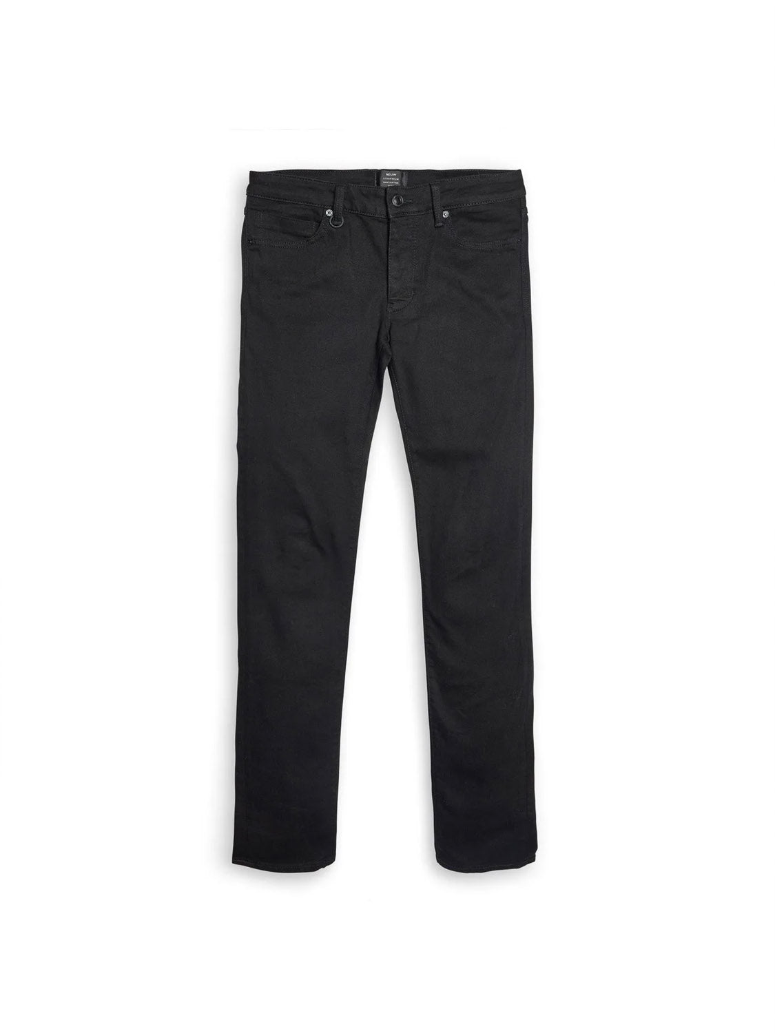 The Neuw Iggy Skinny Perfecto jeans, featuring a black color, skinny-tapered leg, button and zip fly, plus front and back pockets, are shown laid flat on a white background.