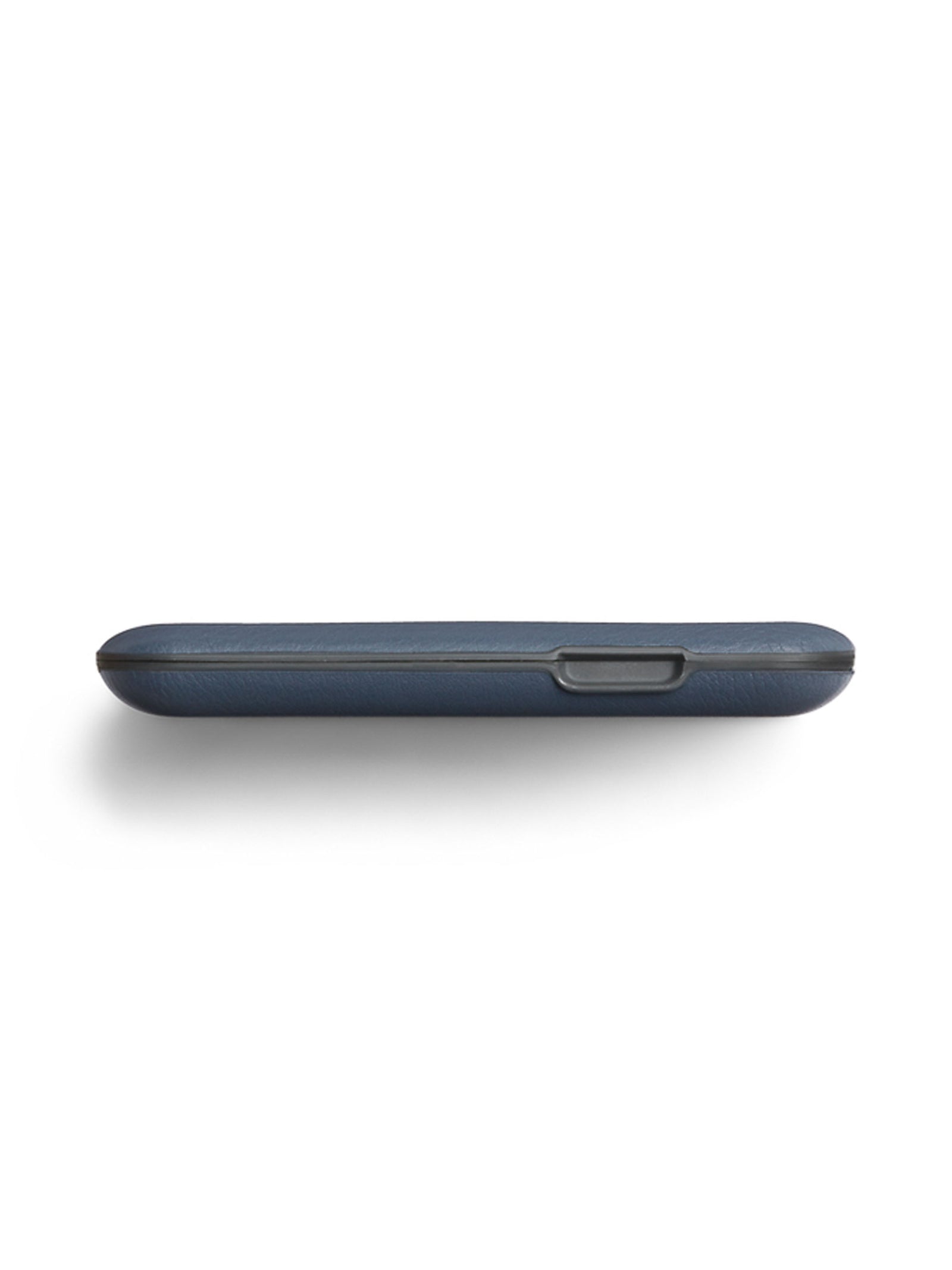 The Bellroy Flip Case Wallet is a slim, double-sided wallet in dark blue eco-tanned leather with rounded edges and a raised center button for easy access, shown side-on against a white background.