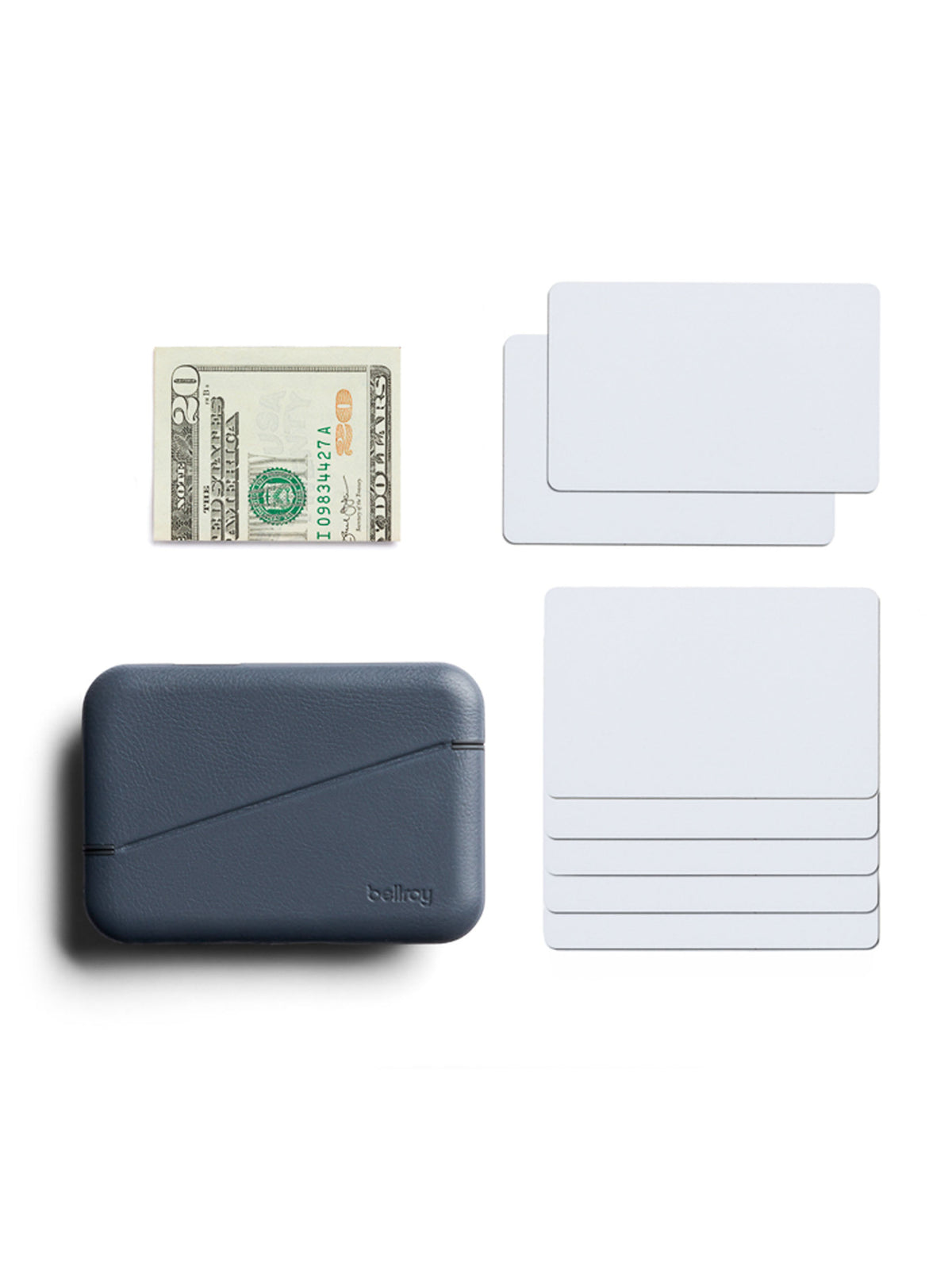 A blue Bellroy Flip Case Wallet made from eco-tanned leather is displayed on a white background with a folded $20 bill, three stacked white cards, and six spread-out white cards.