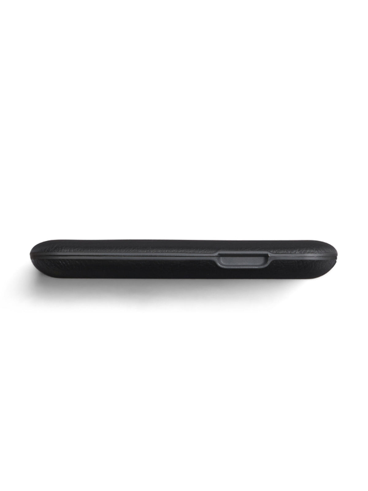 A slim black remote control viewed from the side, showing its thin profile and one visible button, reminiscent of the sleek design of the Bellroy Flip Case Wallet, against a plain white background.