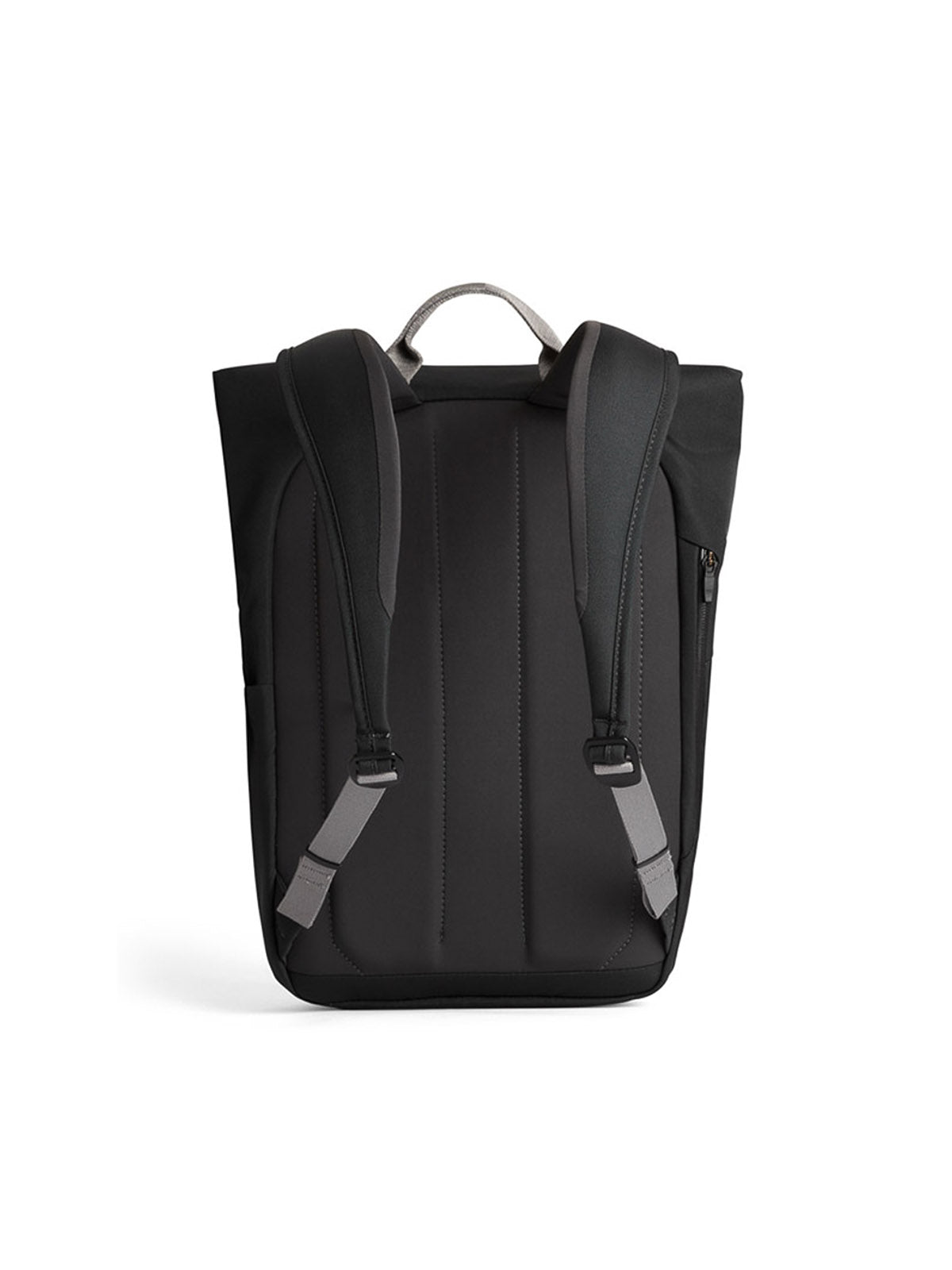 The Bellroy Melbourne Backpack Compact - 13L is shown from the back with padded shoulder straps, a top handle, vertical stitching, and a right-side zip pocket. Its minimalist design stands out against a plain white background.