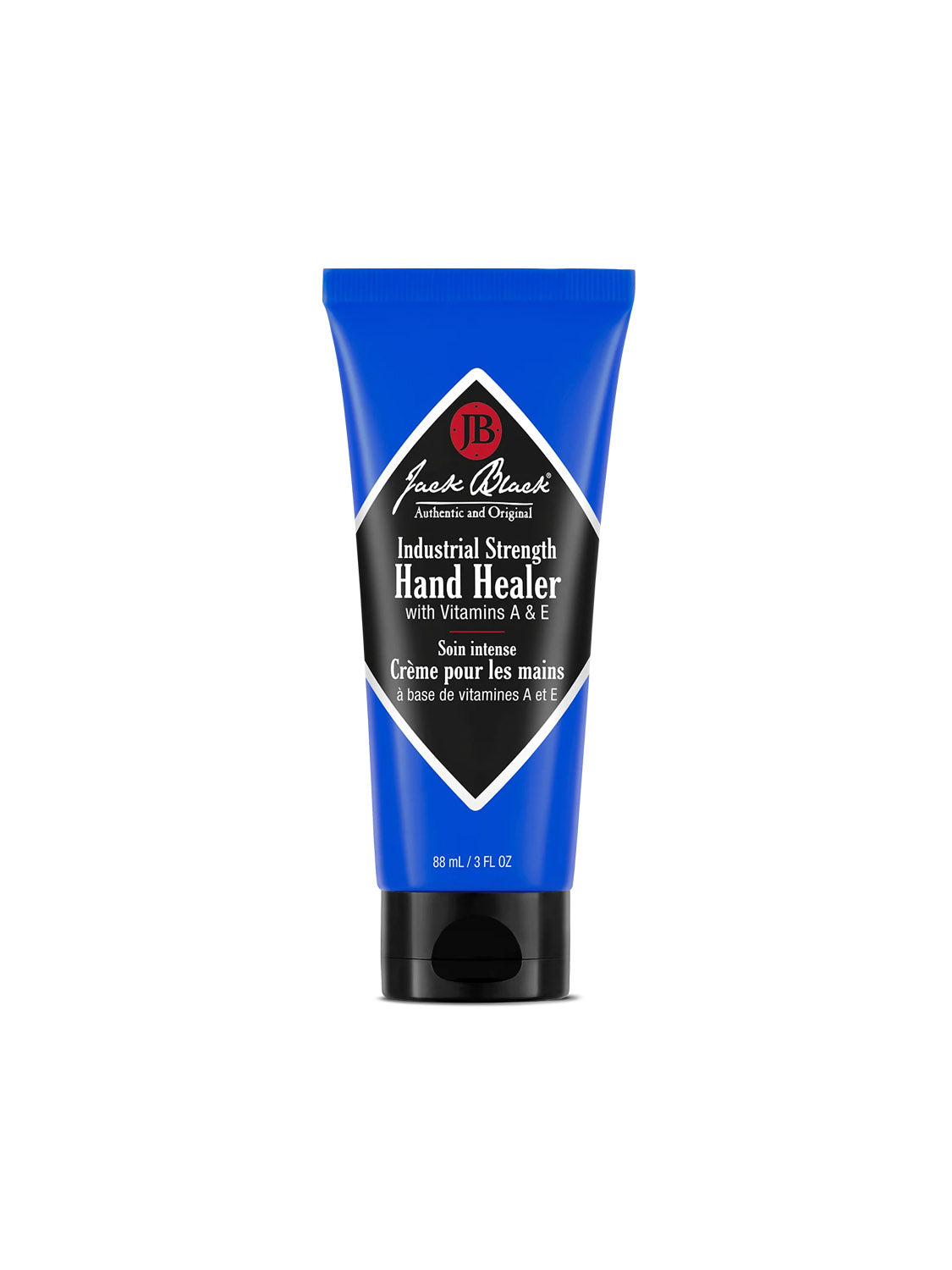 Jack Black Industrial Strength Hand Healer 3oz is a hand moisturizer with Vitamins A &amp; E for dry, rough skin. Packaged in a blue tube with black/white label and black flip-top cap; contains 88mL (3 fl oz).