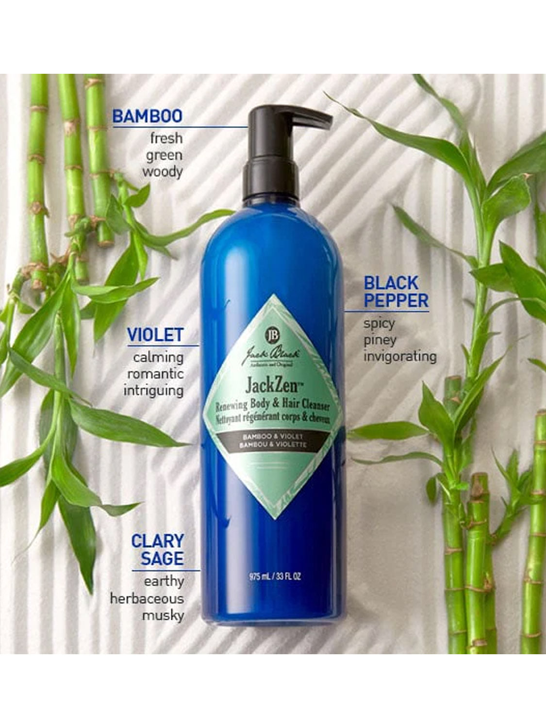 A blue bottle of Jack Black JackZen™ Renewing Body & Hair Cleanser sits among green bamboo stalks. Text highlights scent notes: bamboo, violet, clary sage, and black pepper for a restorative shower experience.