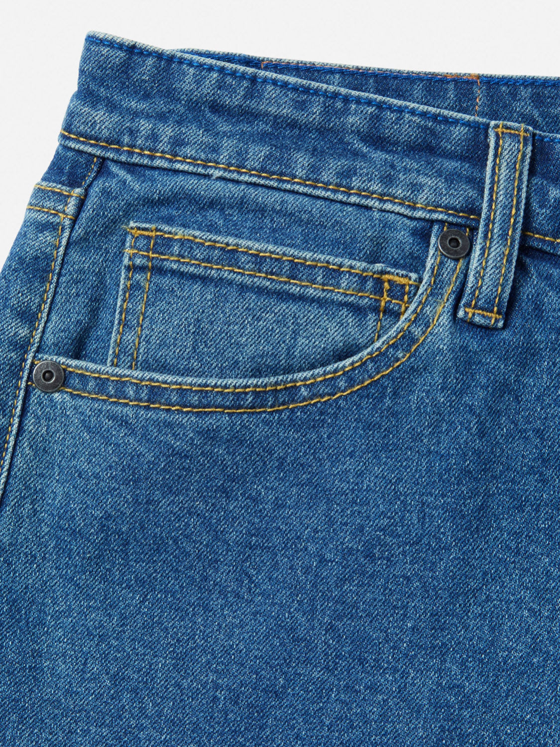 Close-up of the front pocket area on Katin Jacob 71 Slim Straight Pants, showcasing classic 5-pocket styling, yellow stitching, metal rivets, and a small coin pocket above the main pocket.