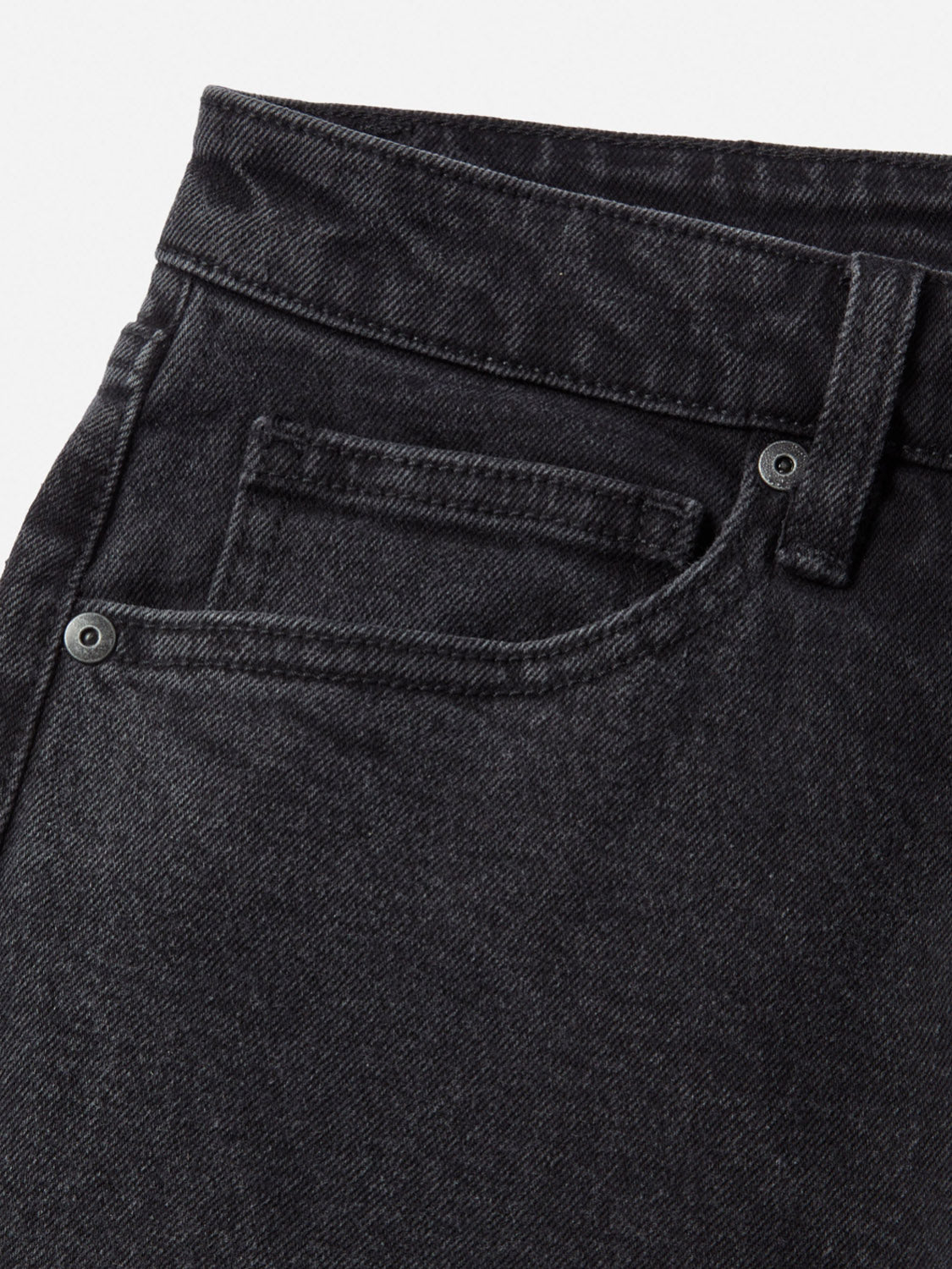 Close-up of the top section of Katin Jacob 71 Slim Straight Pants in black, featuring a mid-rise waistband, 5-pocket design with visible stitching, belt loop, front and coin pockets, plus metal rivets.