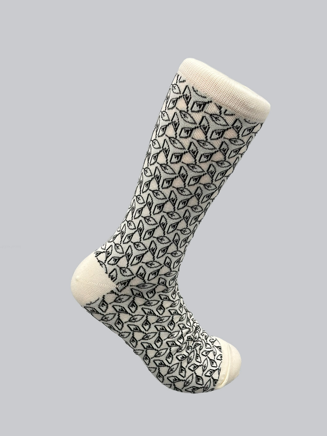 The ID Menswear Fall Graphic Socks are stretchy, breathable, knee-high socks with a black and white geometric pattern on light gray, crafted from soft and comfortable fall combed cotton.