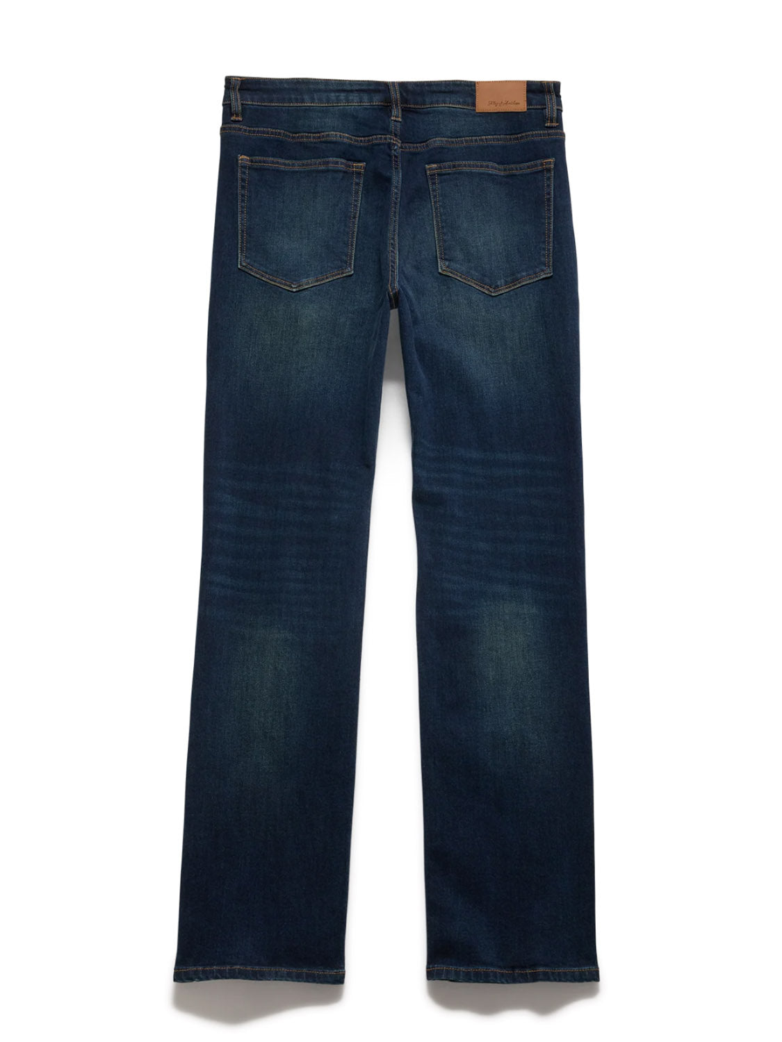 The Flag and Anthem Jonesville Cooling Jean-Nashville Straight is shown from the back in dark blue, featuring two rear pockets, subtle fading, and a brown leather patch on the waistband.