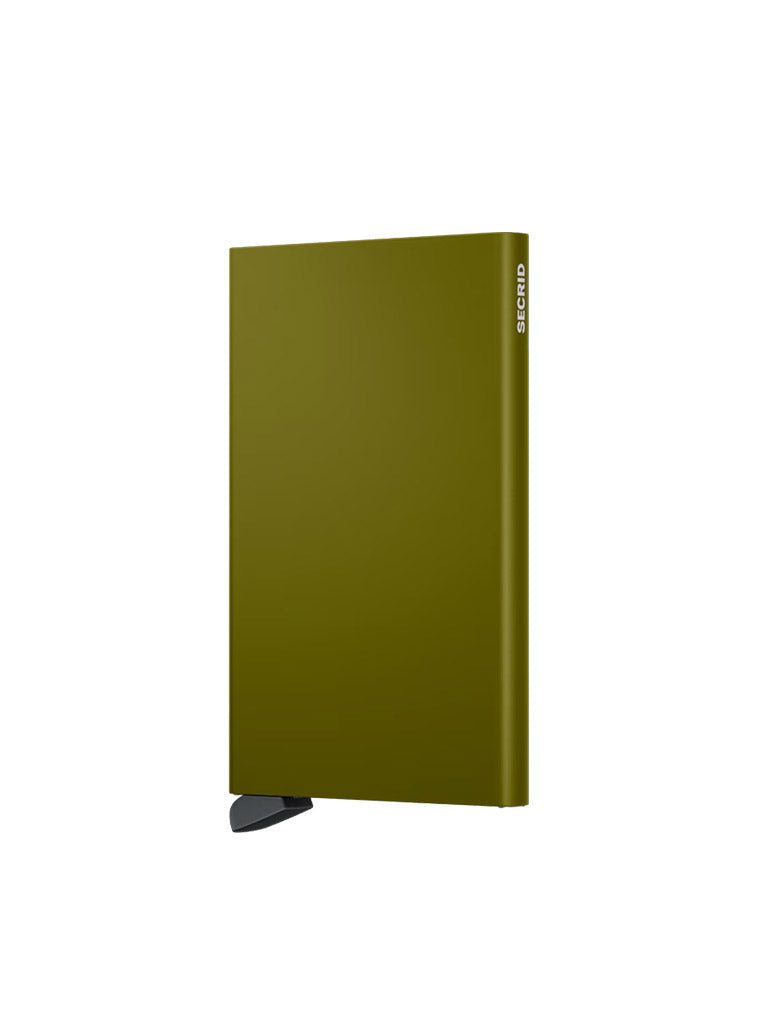 The Secrid Cardprotector Minimal Wallet is a slim, olive green, rectangular wallet with RFID-safe technology and a small black lever at the bottom. “SECRID” is printed in white near the top right edge. The wallet stands upright against a white background.