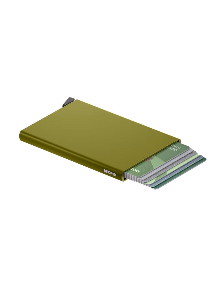 A slim, olive green Secrid Cardprotector Minimal Wallet with several credit cards partially ejected sits on a white background. This RFID-safe cardholder offers secure, stylish storage in a compact design.