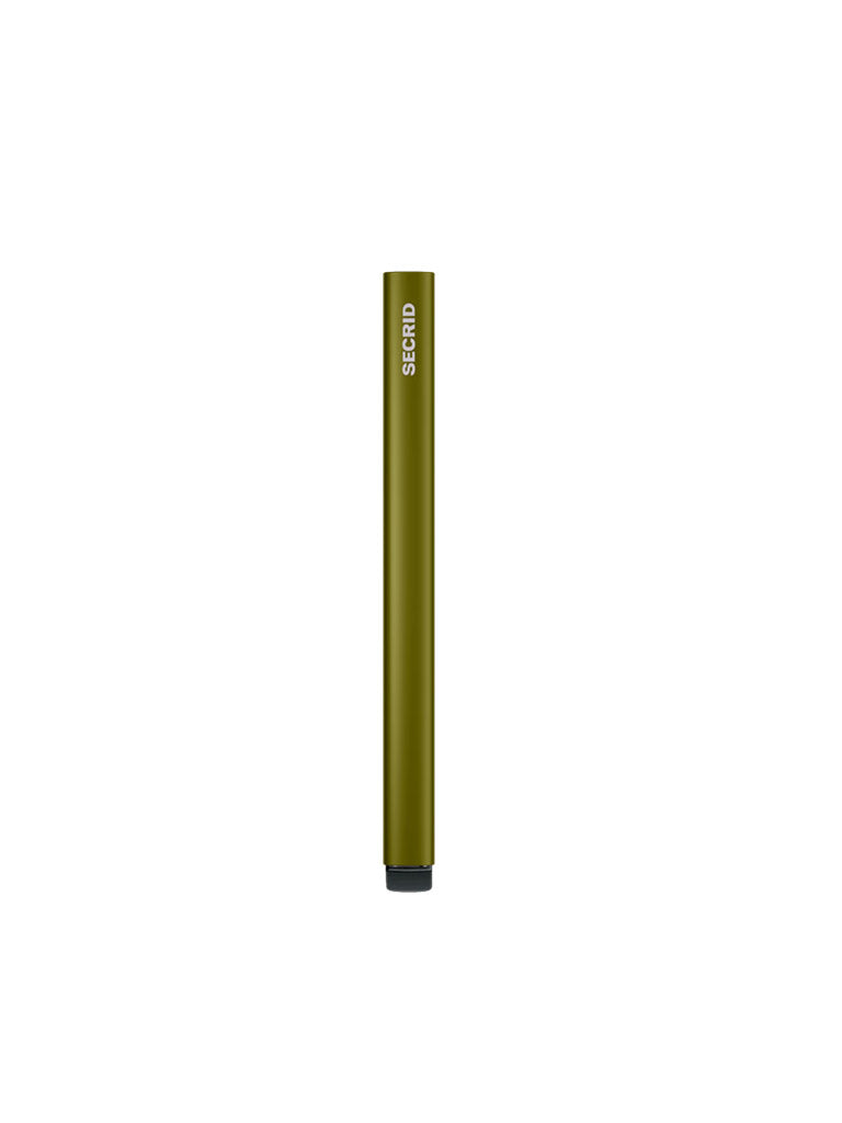 A slim, olive-green cylindrical pen or marker stands upright on a white background with CHISEL written near the top in white—an ideal addition to your Secrid Cardprotector Minimal Wallet setup.