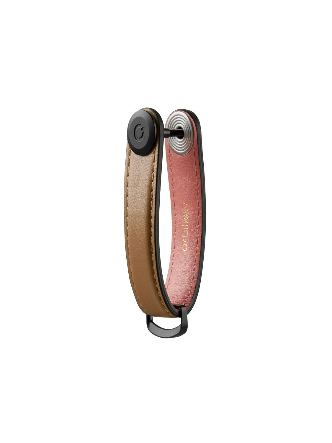 The Orbitkeys Key Organizer Leather is a brown and pink keychain with a black metal clasp and button, compactly and stylishly holding keys. Gold text is stamped inside.