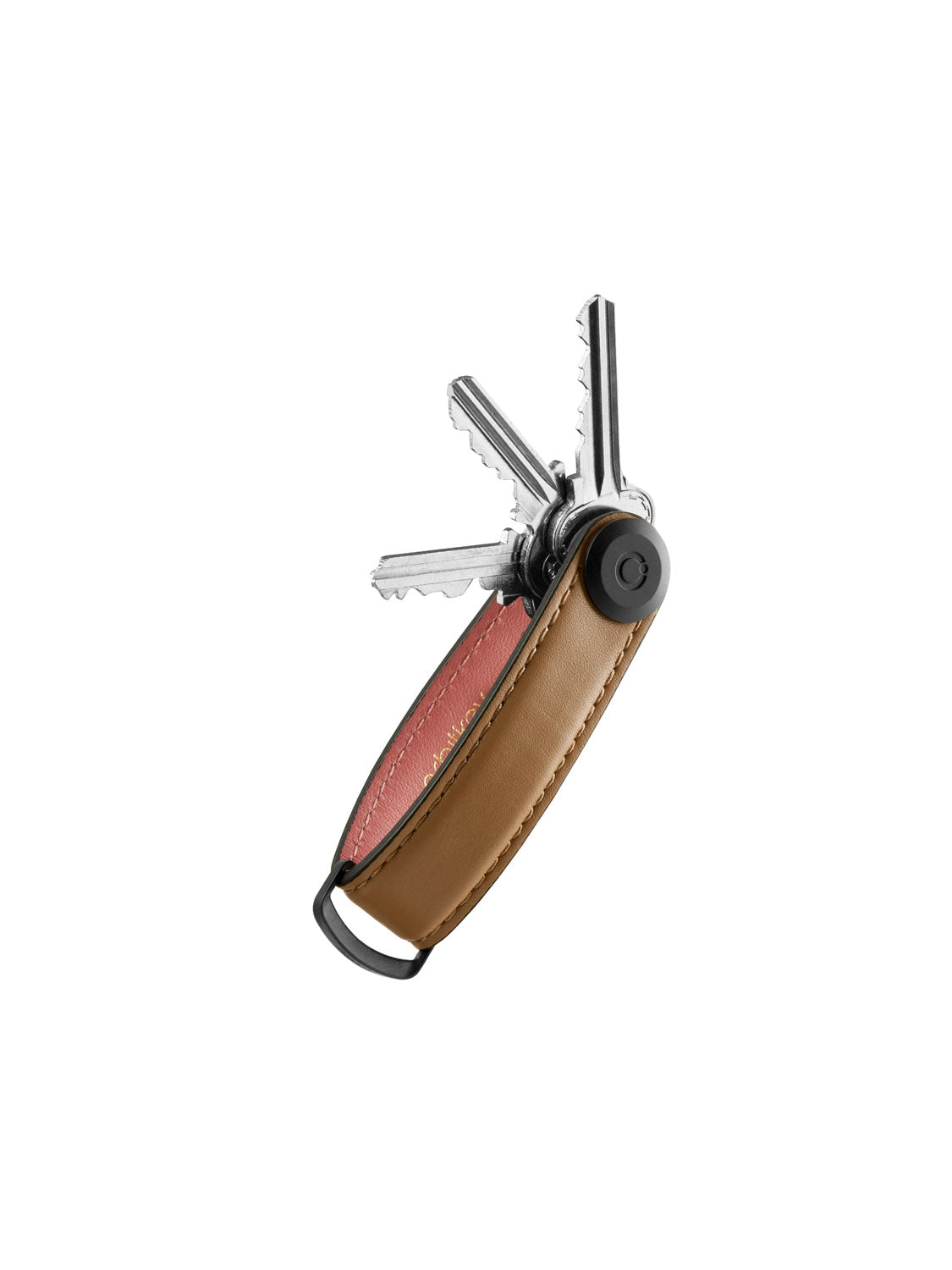 The Orbitkeys Key Organizer Leather in brown and red neatly holds multiple silver keys fanned out against a white background—a stylish and practical leather key holder for daily organization.