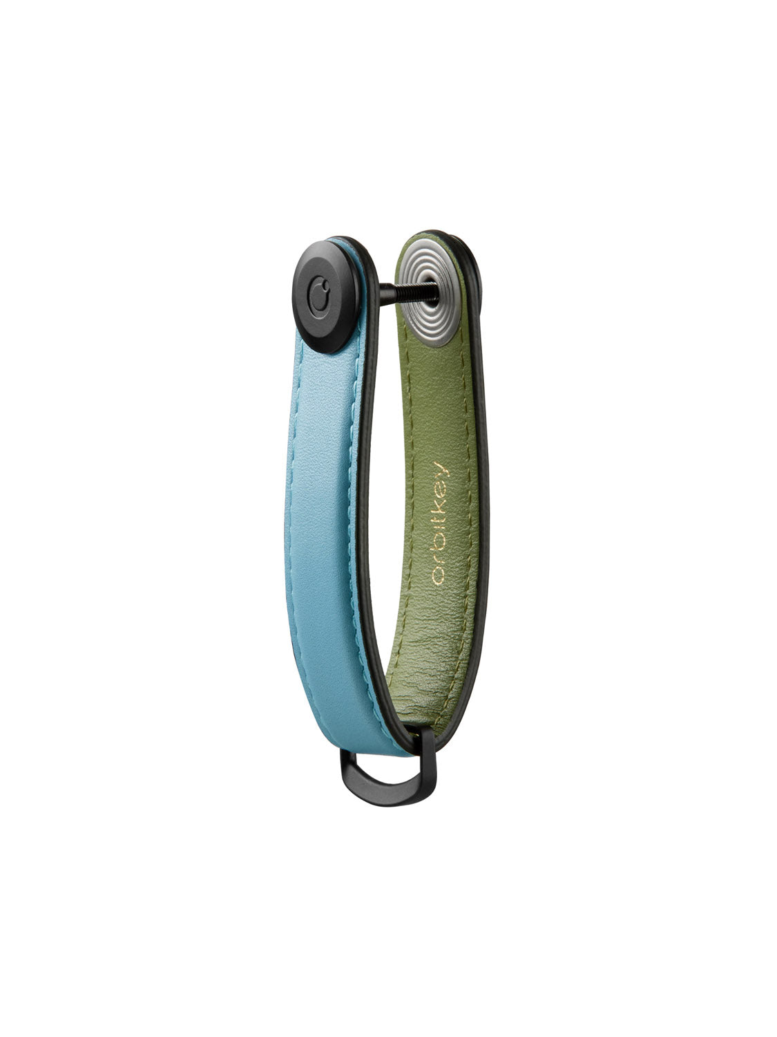 The Orbitkeys Key Organizer Leather features a blue exterior, green interior, and is secured with a black metal screw and loop. It stands upright against a white background.