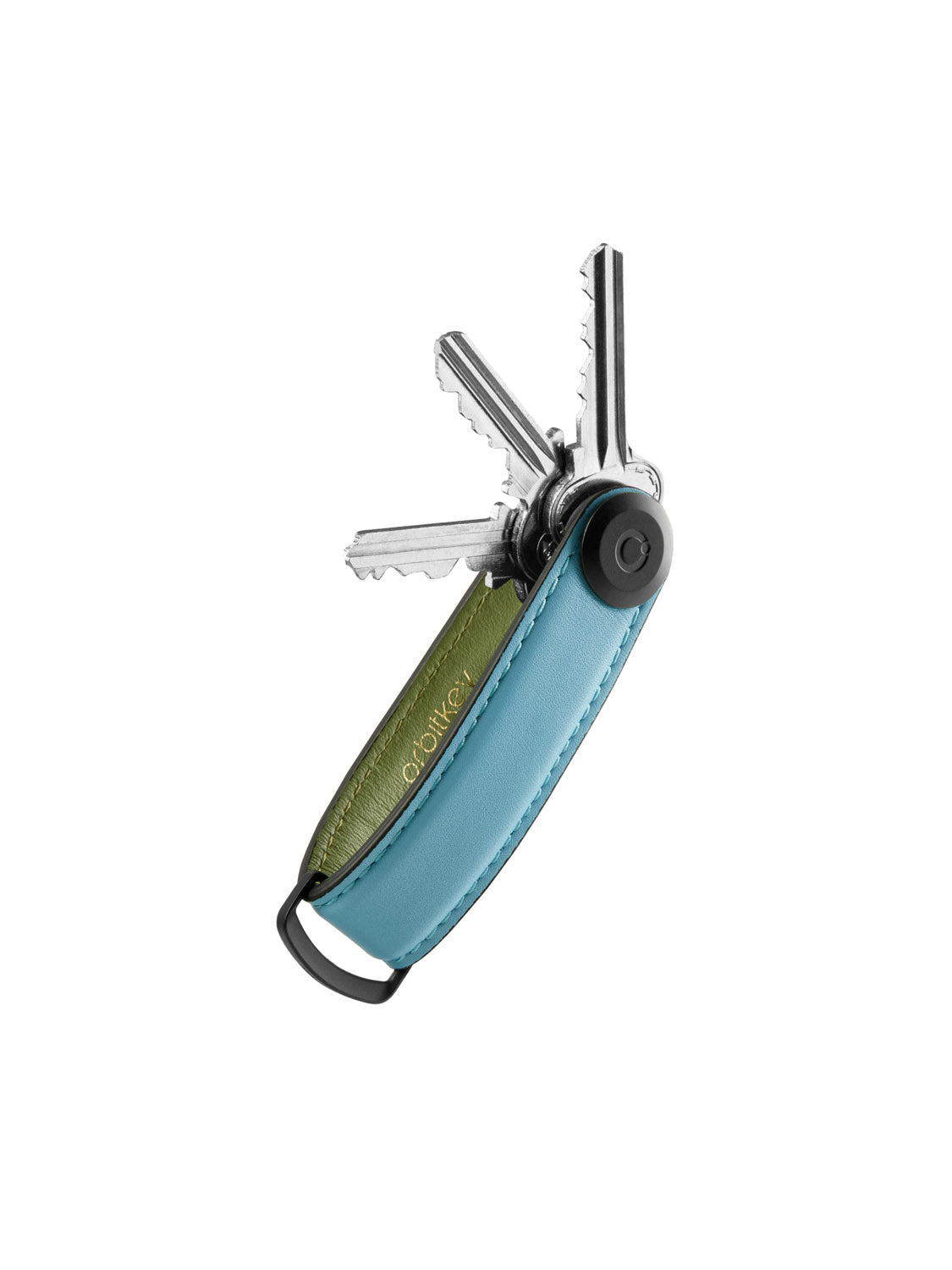 The Orbitkeys Key Organizer Leather is a compact, stylish keychain with a blue and green strap that neatly folds several metal keys inside, Swiss Army knife-style, against a white background.