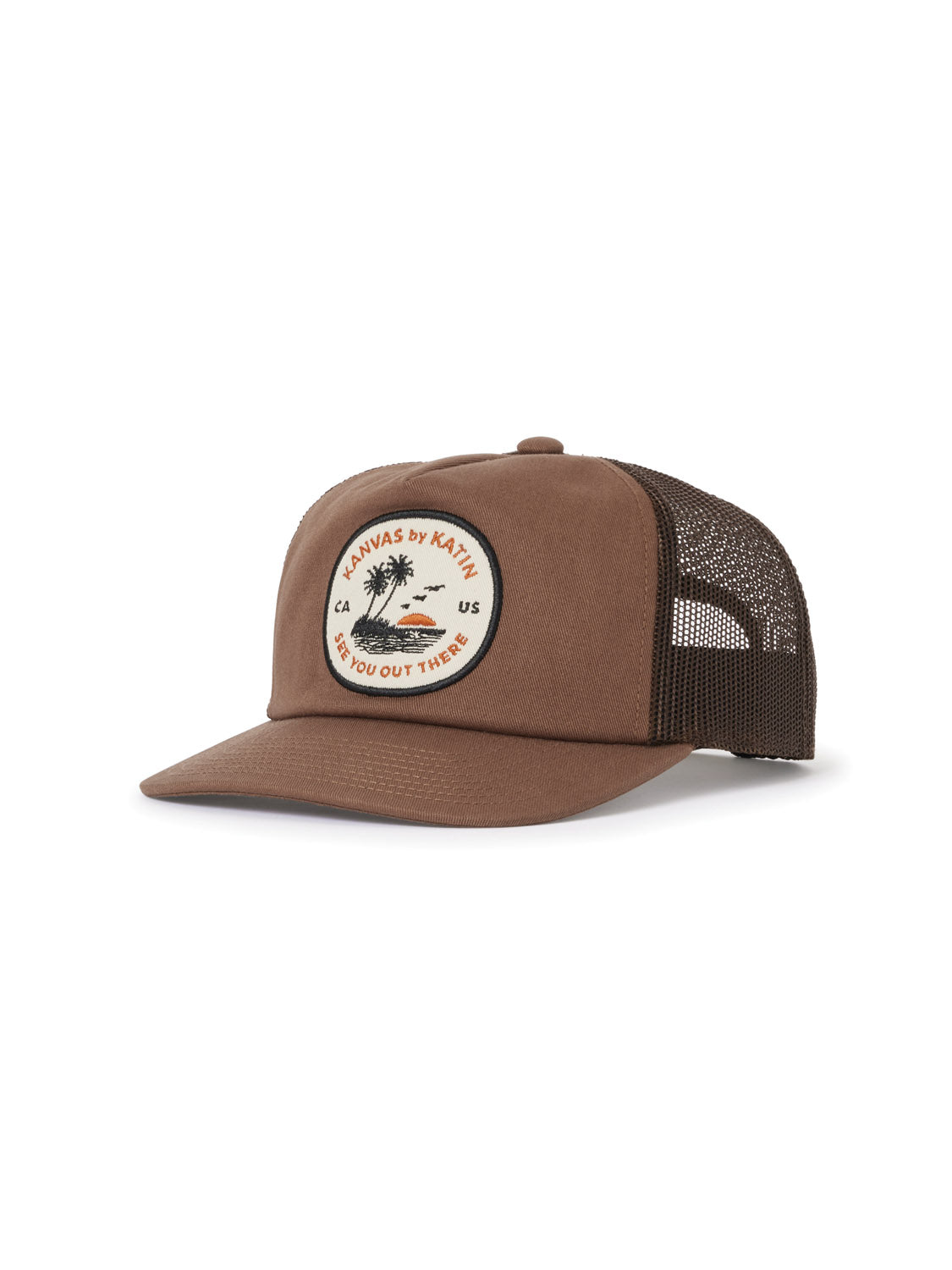 The Katin Keys Trucker Hat by Katin is a brown mesh hat featuring a round patch with palm trees and text. It has a mesh back and an adjustable snapback closure for comfort.