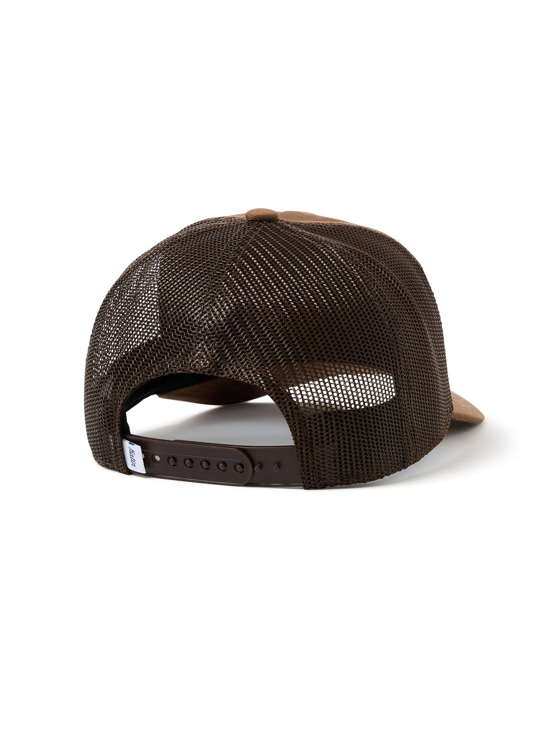 The Katin Keys Trucker Hat, in brown mesh with a curved brim, features an adjustable snapback closure. It seamlessly combines comfort and style against a plain white backdrop, viewed from the back.