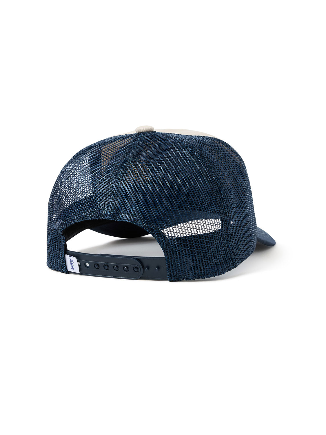 The Katin Keys Trucker Hat in navy blue is displayed from the back, highlighting its adjustable snapback closure. Its breathable mesh ensures ventilation, while the front of this Katin product remains unseen.