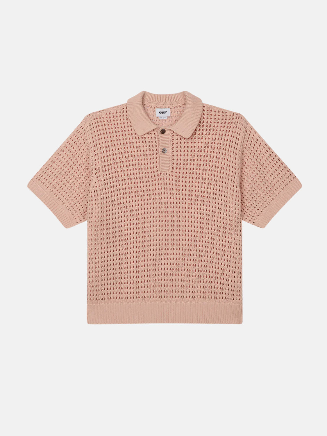 The Obey Kody Polo, featuring short sleeves and a collared neckline, is crafted from 100% cotton in beige. Its buttoned placket and relaxed fit with an open-knit design create a breezy style, all showcased beautifully on a pristine white background.