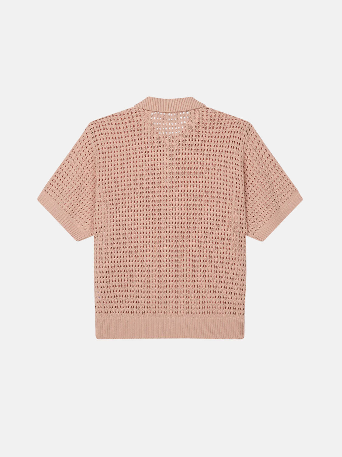 The Obey Kody Polo is a beige, short-sleeve knit top with a relaxed fit and textured open-weave design. Featuring a ribbed collar, cuffs, and hem, this 100% cotton piece offers casual breathability. Laid flat against a white background.