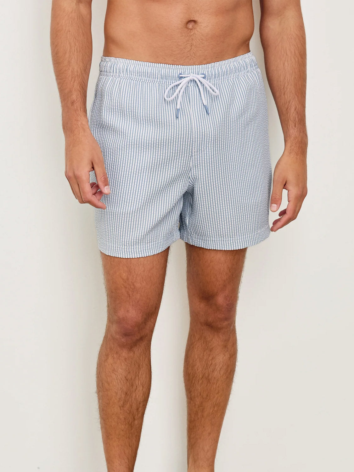 A man models the Rails La Brea Swim Short—light blue and white striped polyester seersucker with an adjustable drawstring waist—against a plain background. His upper body and lower legs are visible, but his face is not shown.