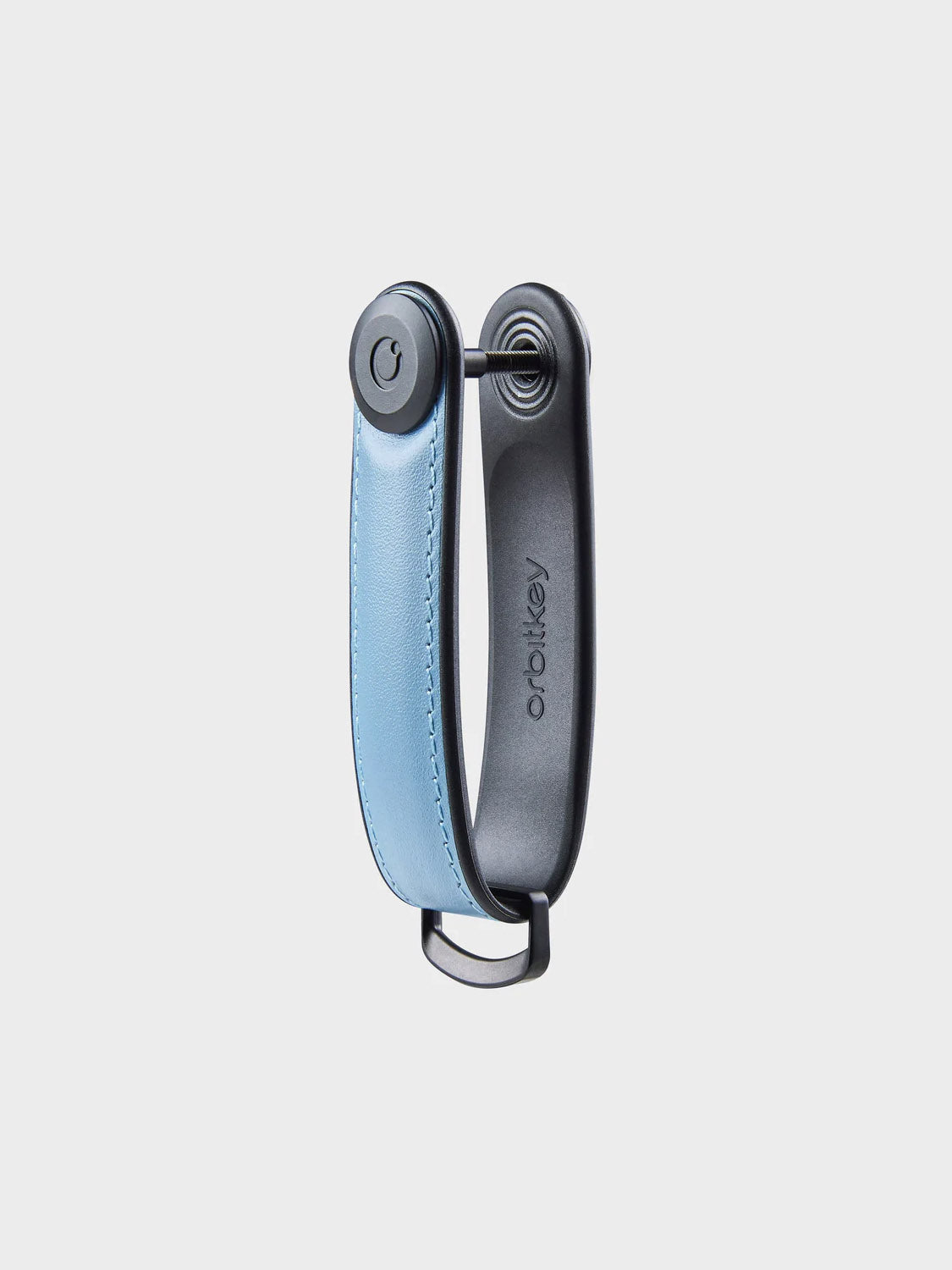 The Orbitkeys Key Organizer Hybrid Leather in black and light blue features premium Nappa leather and metal hardware, securely holding multiple keys in a sleek, minimalist design.