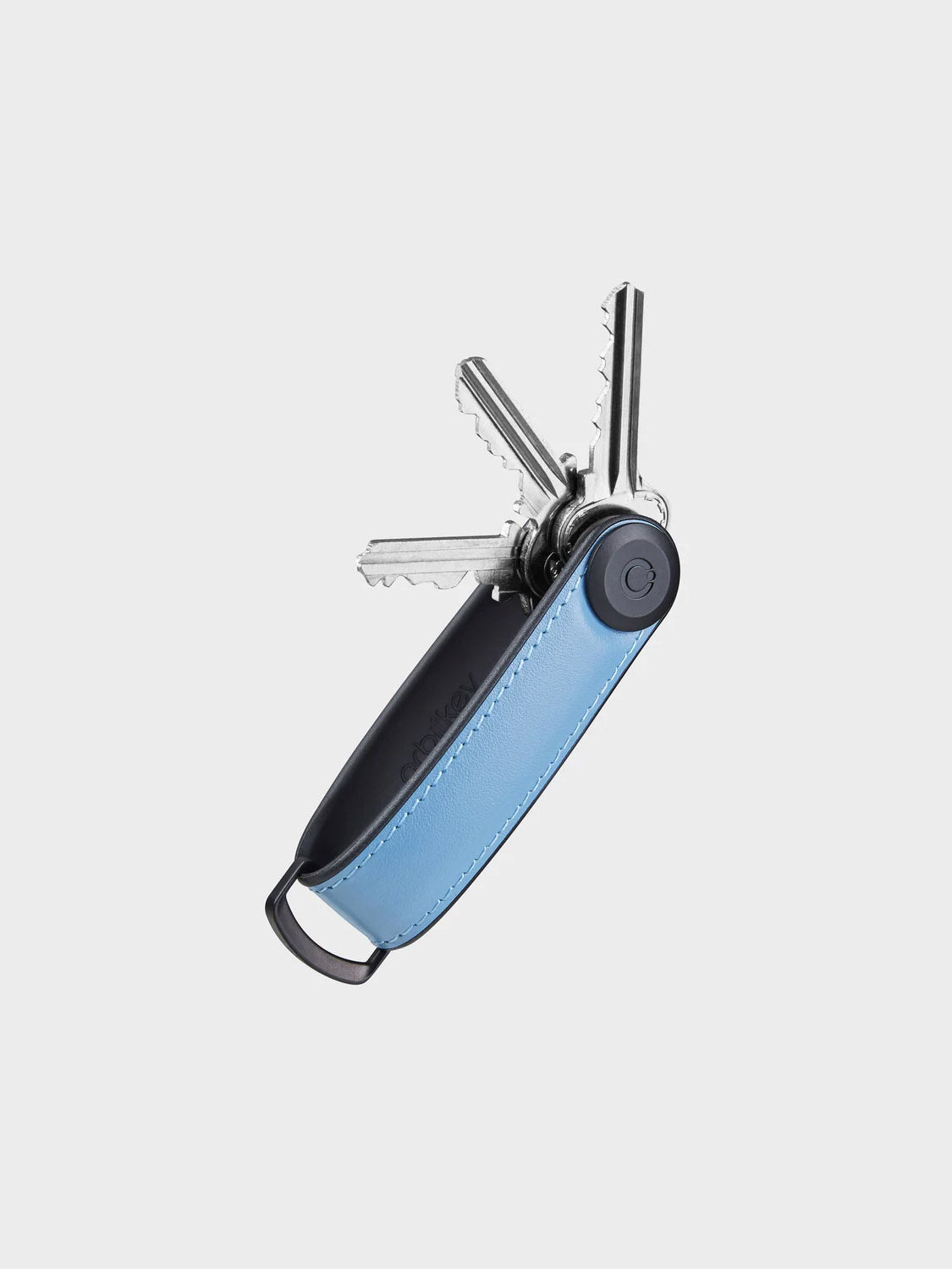 The Orbitkeys Key Organizer Hybrid Leather in blue and black holds several silver keys securely with its locking mechanism, shown neatly folded against a plain white background.