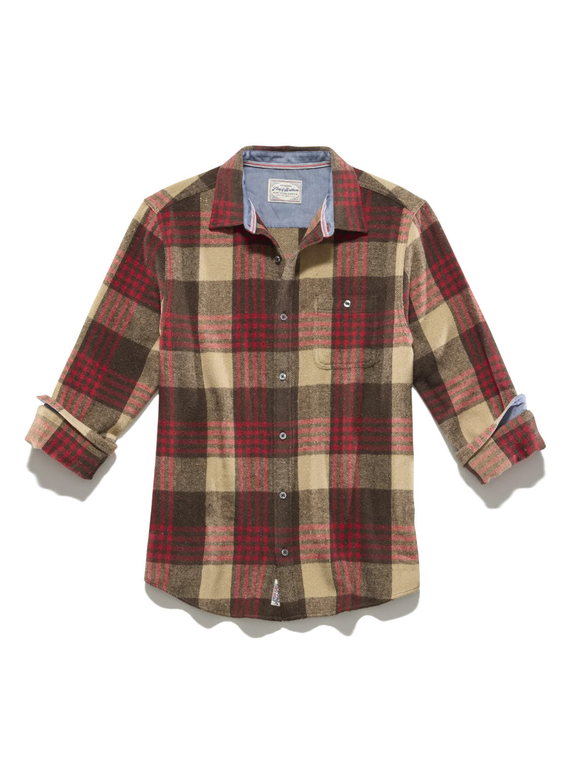 The Flag and Anthem Lansing Herringbone Shirt features a tailored athletic fit, red-brown-beige plaid, rolled long sleeves, a single left chest pocket, and an untucked length for casual versatility.