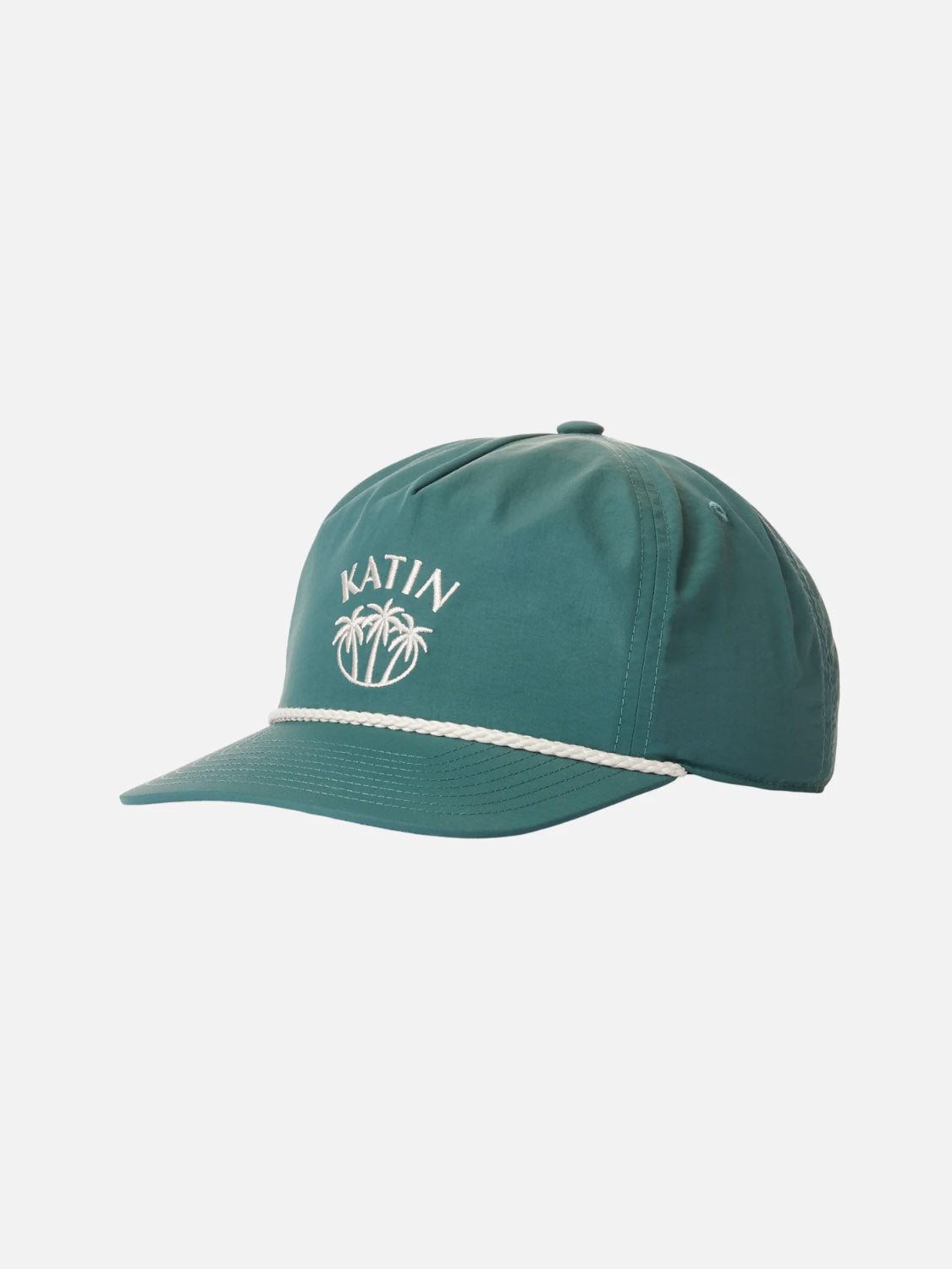 The Katin Largo Hat is a teal recycled nylon snapback featuring a white rope above the brim, palm tree embroidery, and "KATIN" stitched in white on the front.
