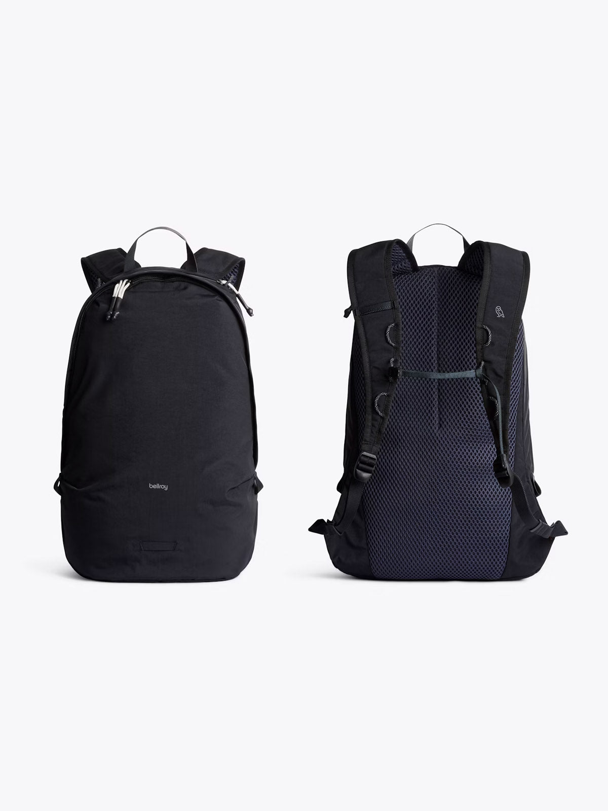 Two views of the Bellroy Lite Daypack - 20L: front (left) with a zippered pocket, and back (right) showing padded shoulder straps and a breathable mesh back panel.