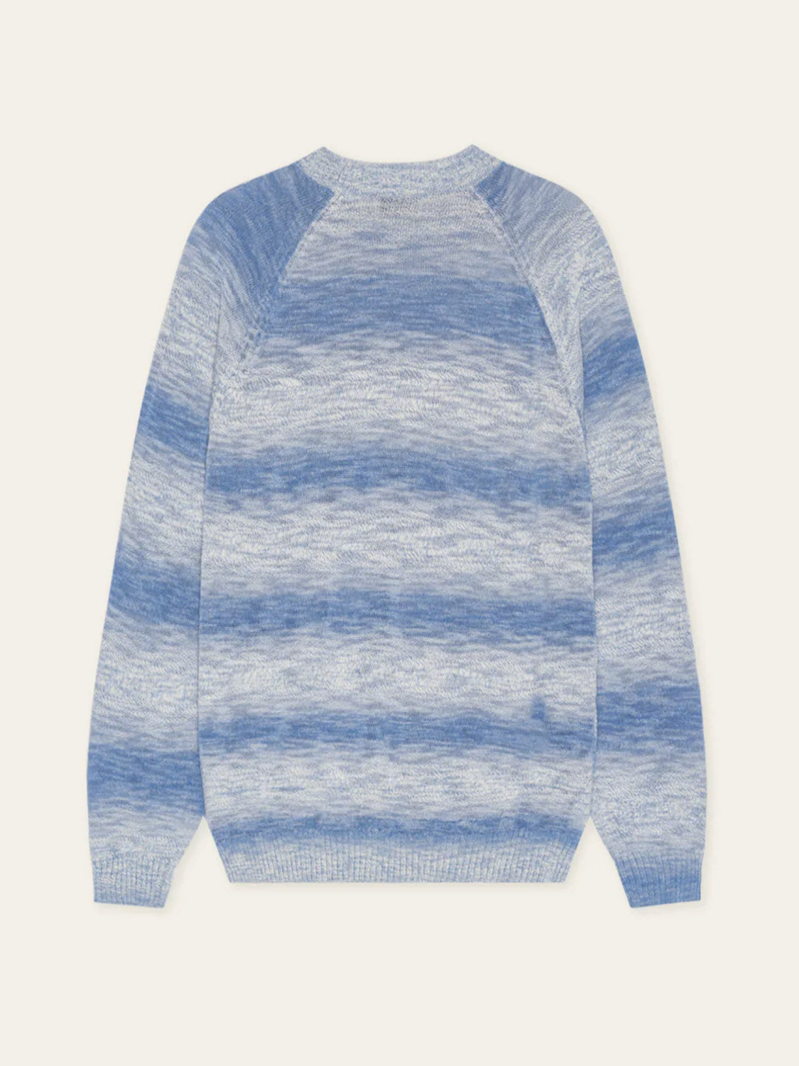 The Les Deux Light Gradient Knit is a soft cotton-tencel crewneck sweater with long sleeves, featuring blue and light gray gradient horizontal stripes, shown laid flat with the back facing up.