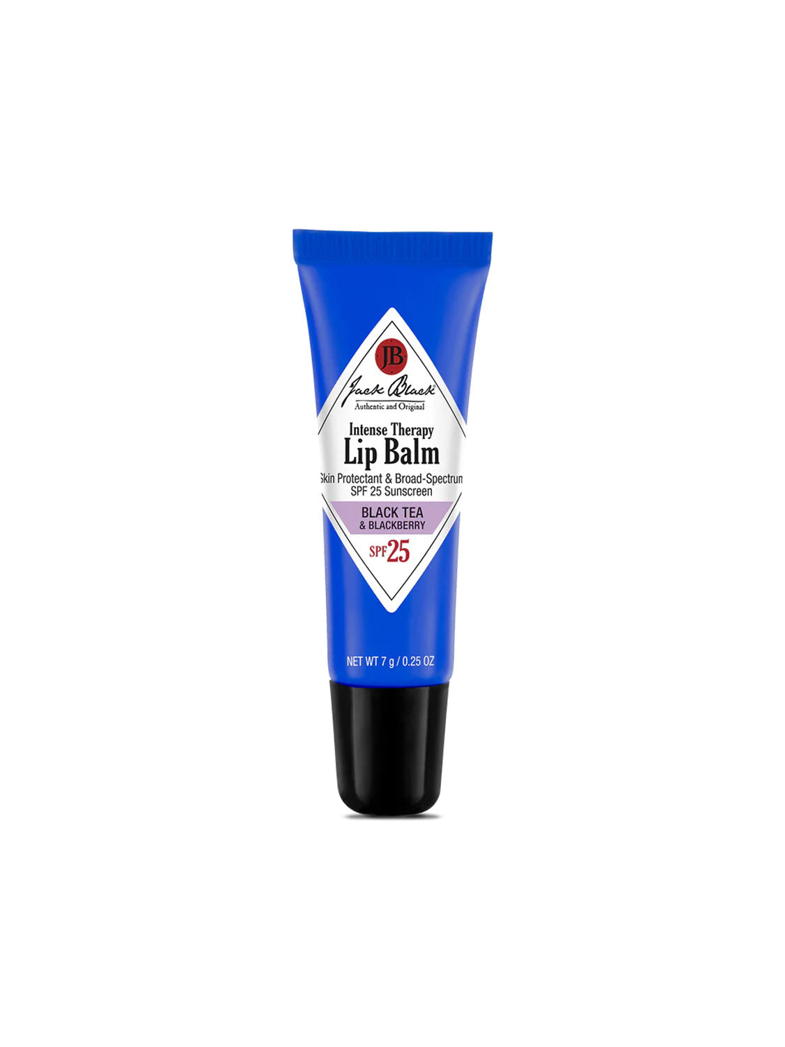 A blue tube of Jack Black Intense Therapy Lip Balm stands upright on a white background. The tube has a black cap and a white label with red and black text, featuring the Black Tea & Blackberry flavor and SPF 25 for chapped lips.