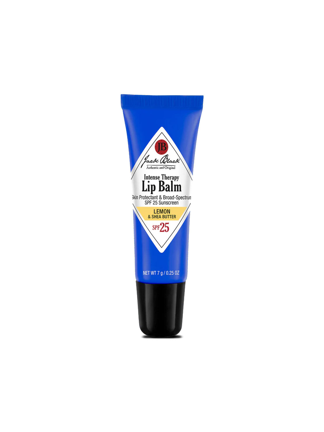 A blue tube of Jack Black Intense Therapy Lip Balm stands upright on a white background. The product label is clearly visible, highlighting this men’s lip balm designed to soothe chapped lips.