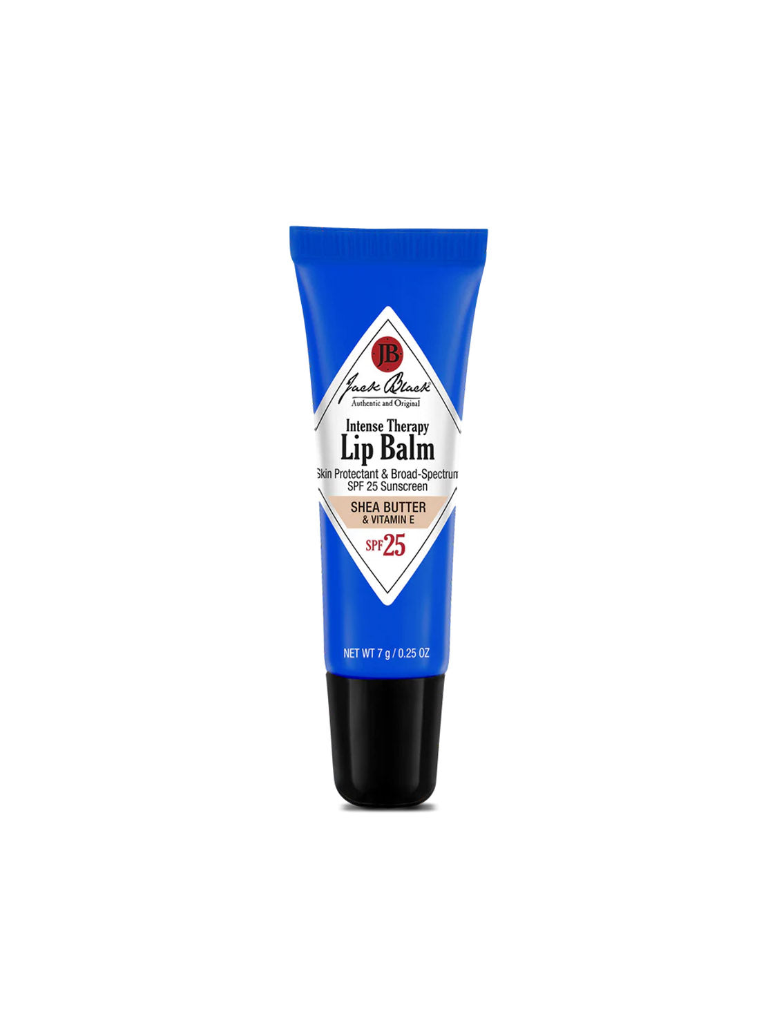 A blue tube of Jack Black Intense Therapy Lip Balm stands upright against a white background, featuring SPF 25, a black cap, and black-and-white label details—a top lip treatment for men with chapped lips.