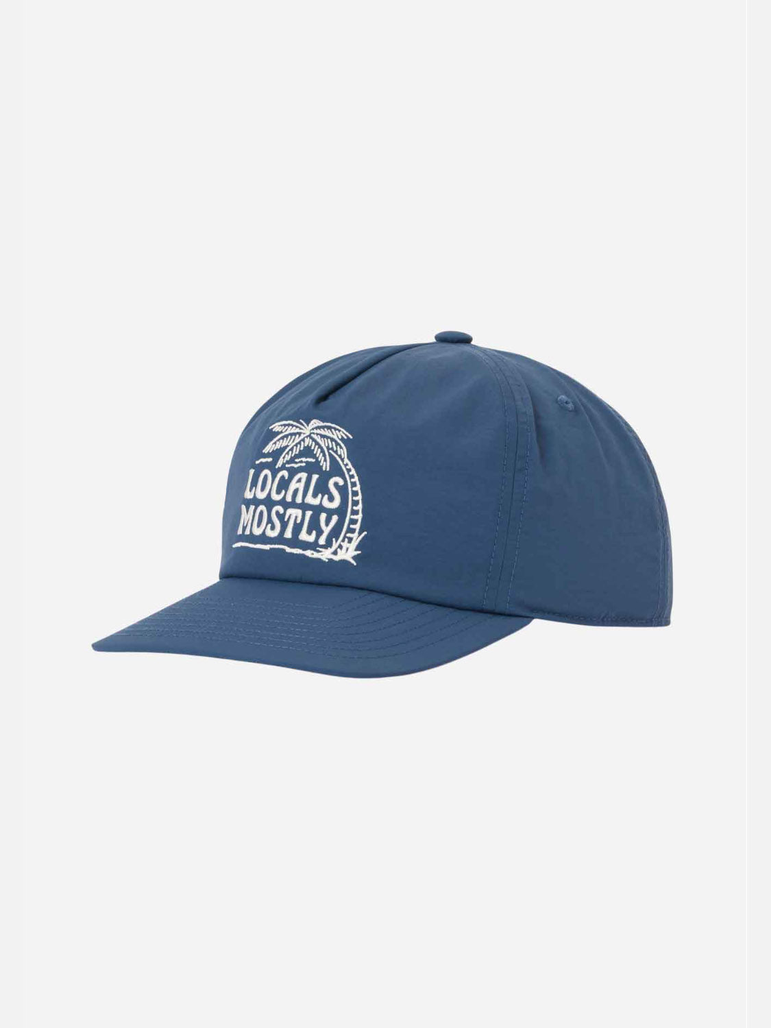 The Katin Locals Hat is a blue snapback with a curved brim, Locals Mostly embroidery, and a white palm tree on the front. Made from recycled nylon for comfort and sustainability.